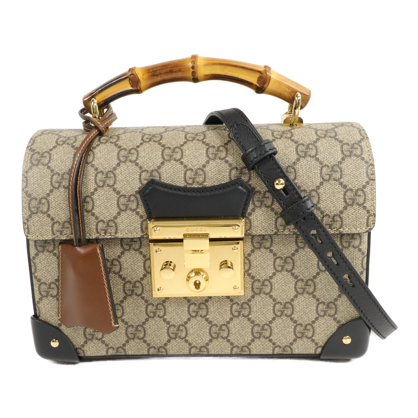 GUCCI 塗層帆布Padlock GG Small Bamboo Top Handle鏈帶手挽肩背兩用袋