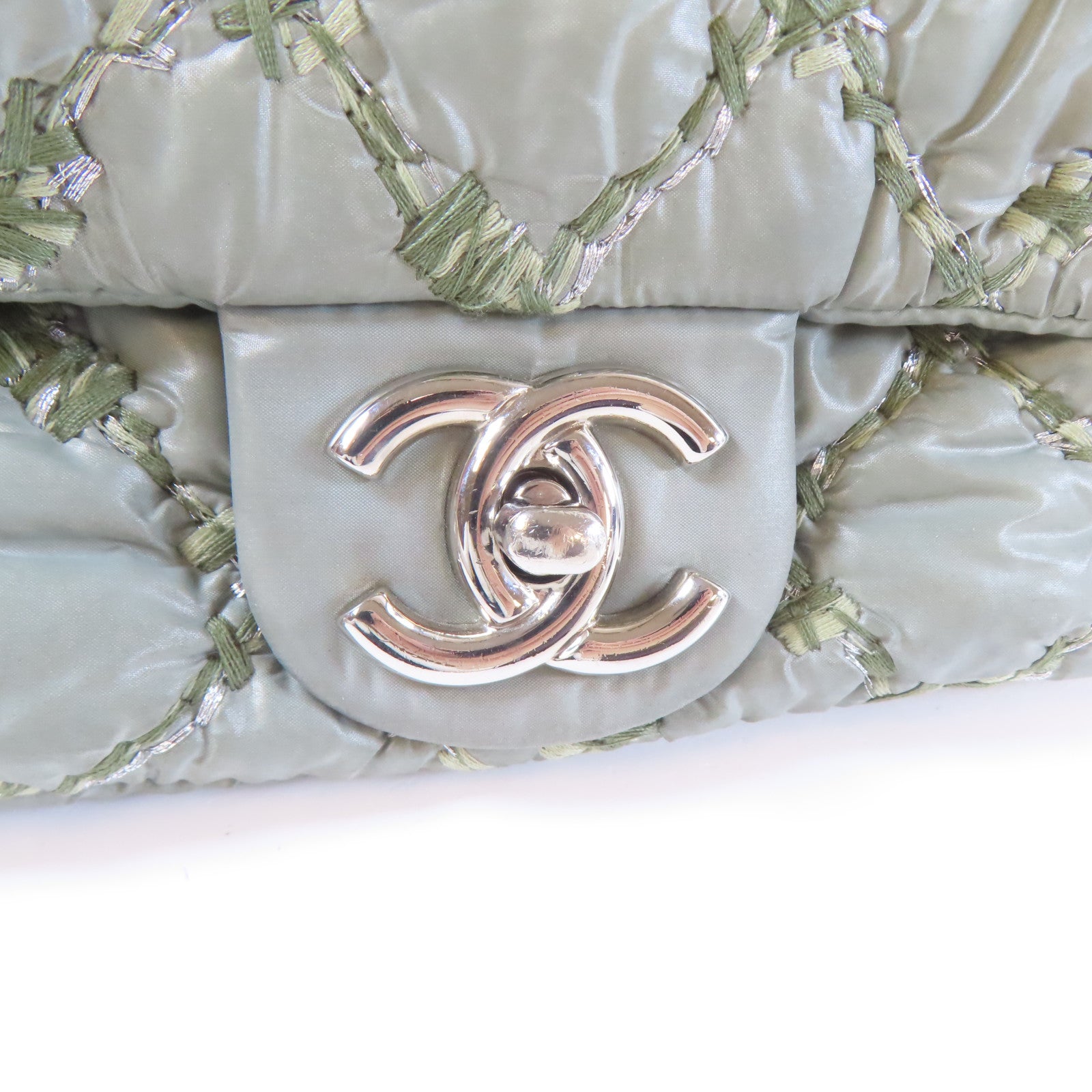 CHANEL 菱格尼龍Chain Shoulder銀扣鏈帶肩背袋綠色