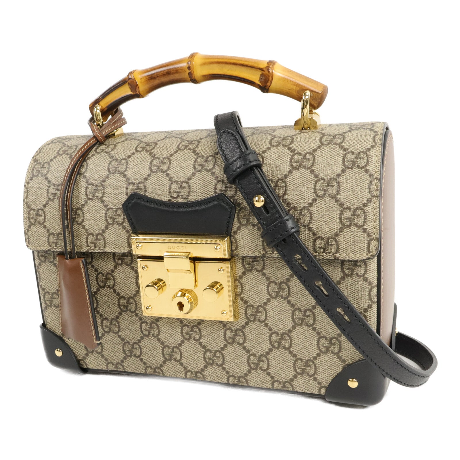 GUCCI 塗層帆布Padlock GG Small Bamboo Top Handle鏈帶手挽肩背兩用袋