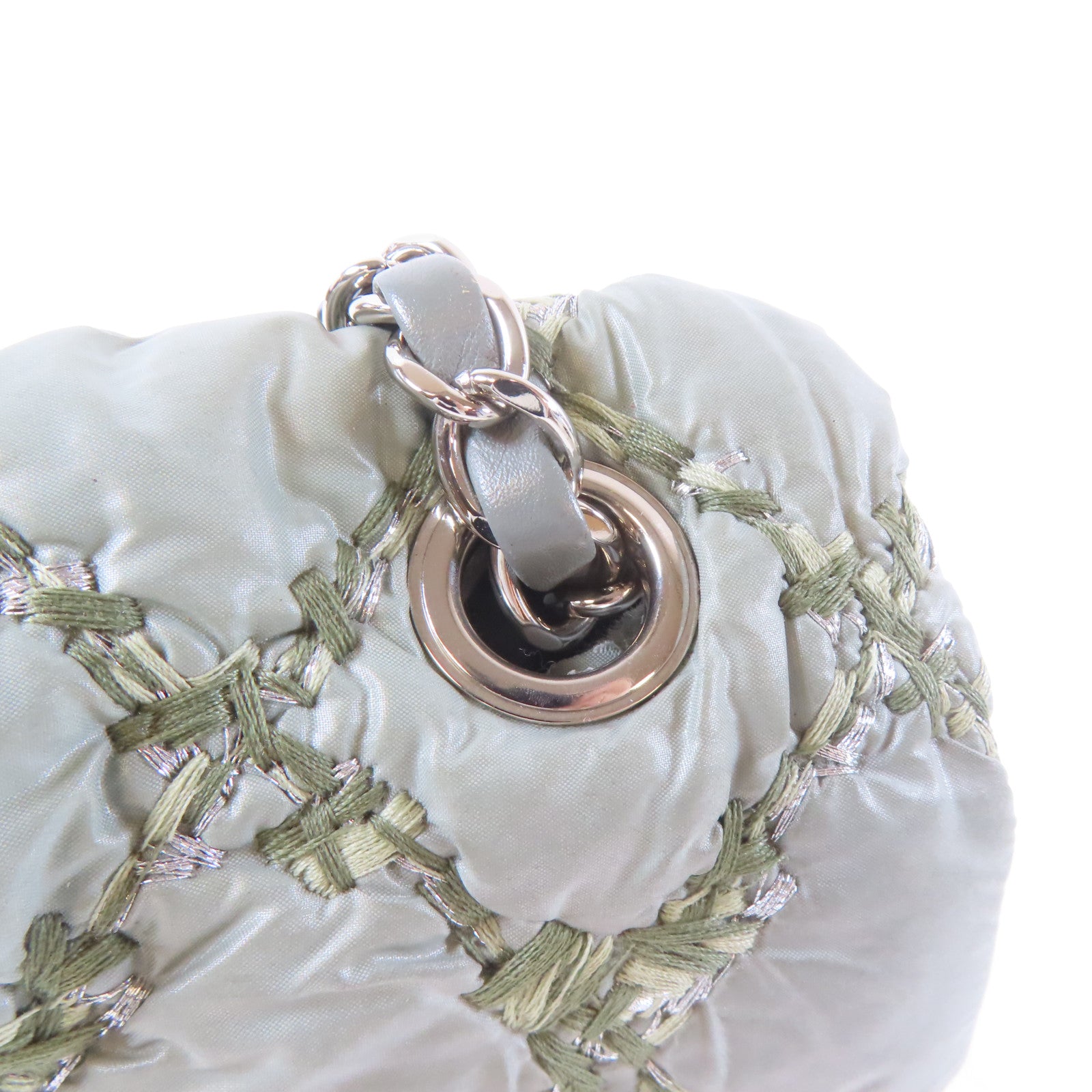 CHANEL 菱格尼龍Chain Shoulder銀扣鏈帶肩背袋綠色