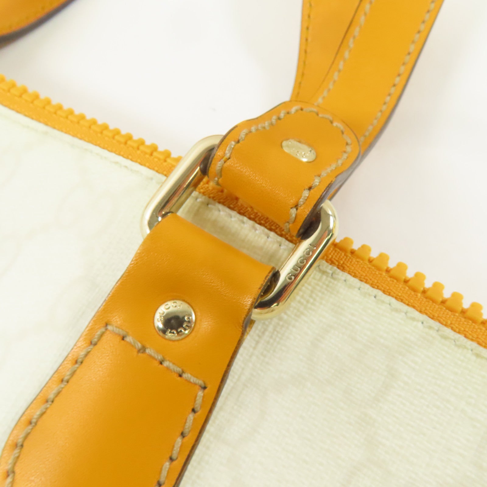 GUCCI 塗層帆布/皮革Tote Bag金扣手挽袋白色/橙色