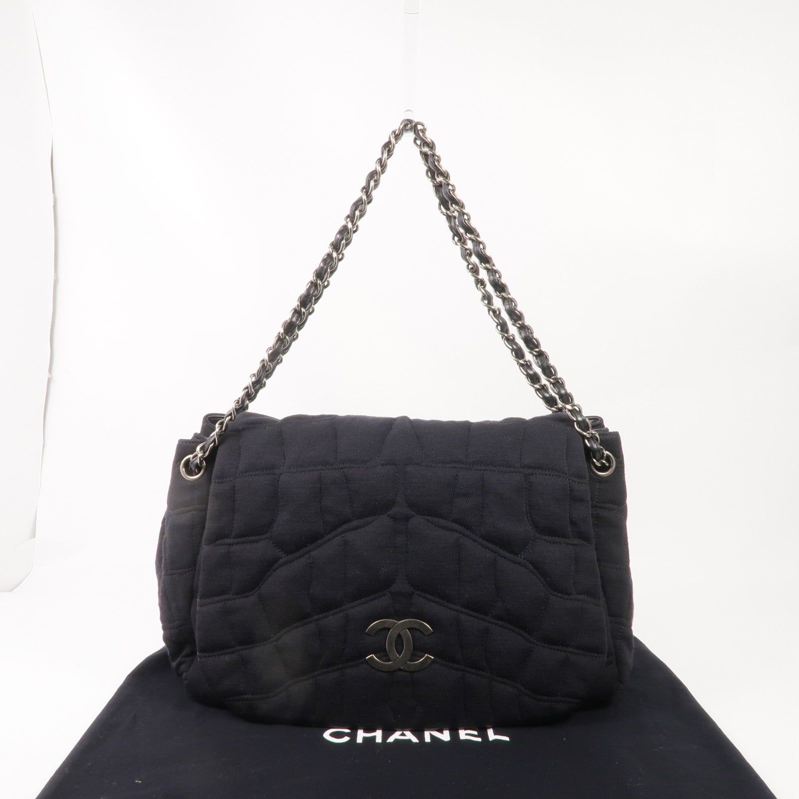 CHANEL 布料/皮革Chain Shoulder銀扣鏈帶肩背袋