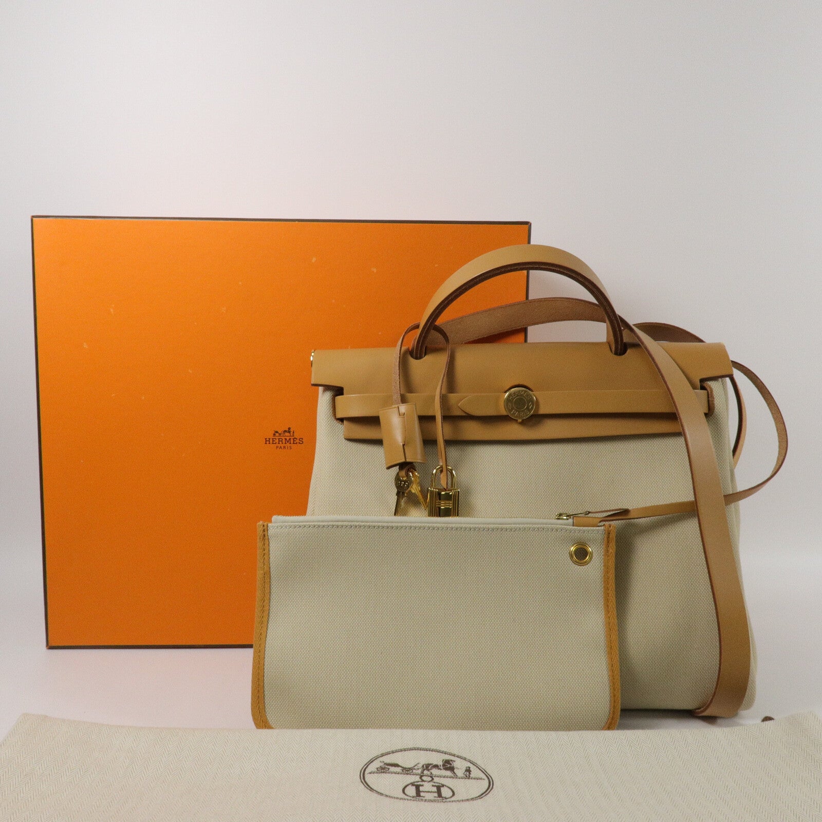 HERMES 帆布Herbag PM手挽肩背兩用袋Fauve