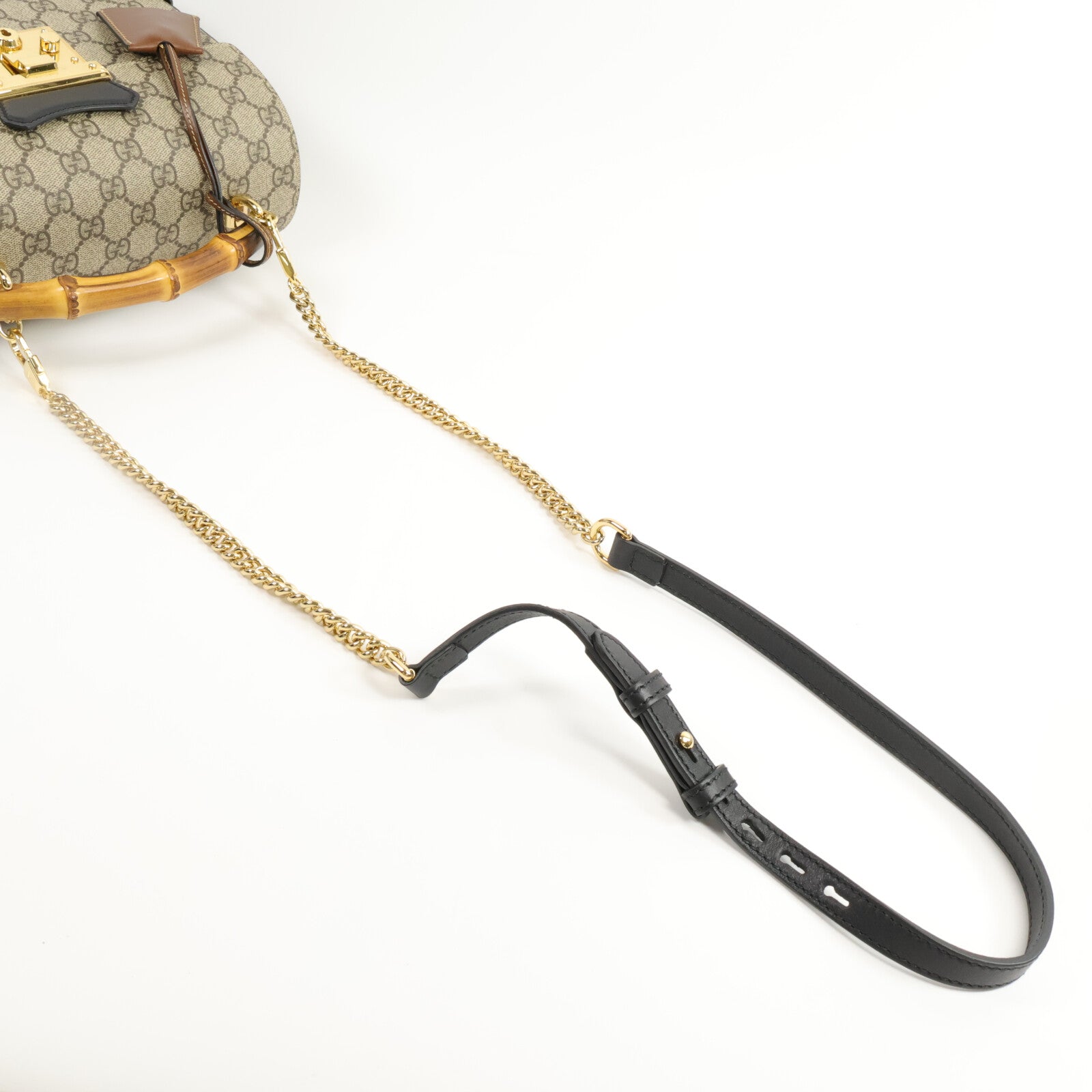 GUCCI 塗層帆布Padlock GG Small Bamboo Top Handle鏈帶手挽肩背兩用袋