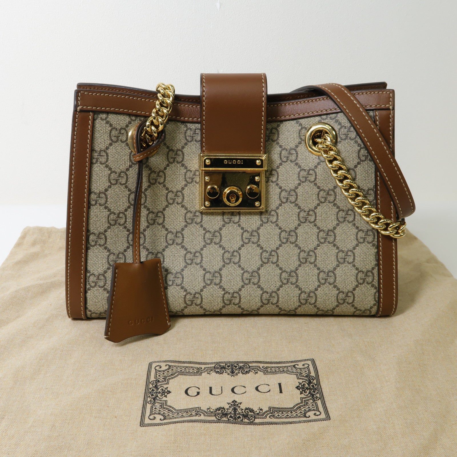 GUCCI 塗層帆布Padlock Small GG金扣肩背袋啡色