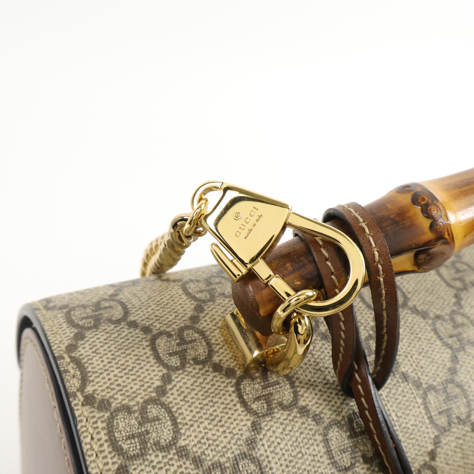 GUCCI 塗層帆布Padlock GG Small Bamboo Top Handle鏈帶手挽肩背兩用袋