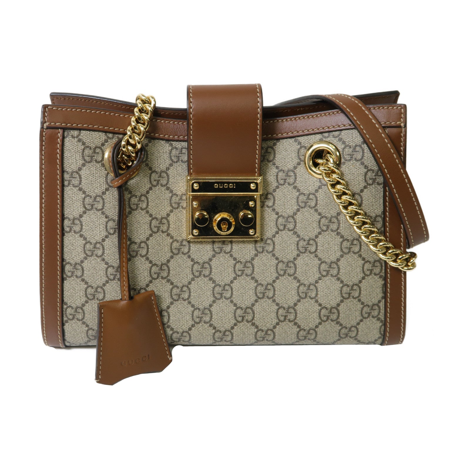 GUCCI 塗層帆布Padlock Small GG金扣肩背袋啡色