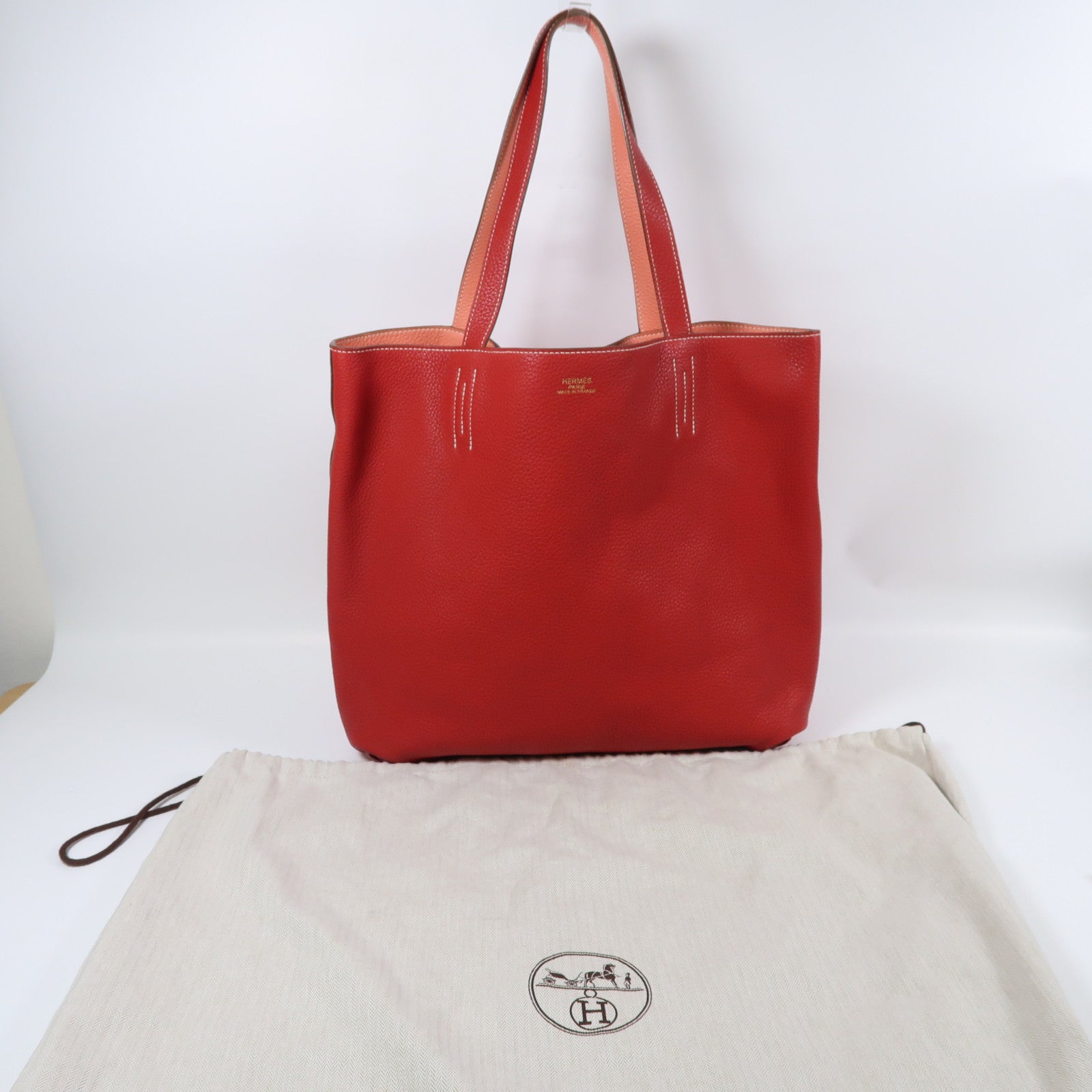 HERMES Clemence皮革Double Sens肩背袋Rouge Casaque/紅色