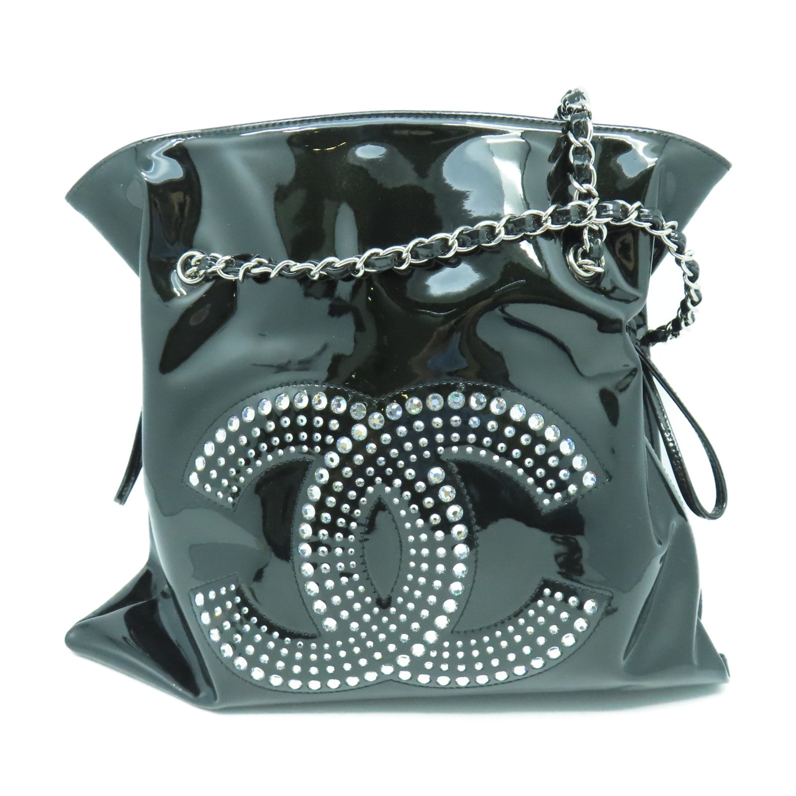 CHANEL 【激減優惠】漆皮皮革Chain Shoulder銀扣鏈帶肩背袋黑色/銀色