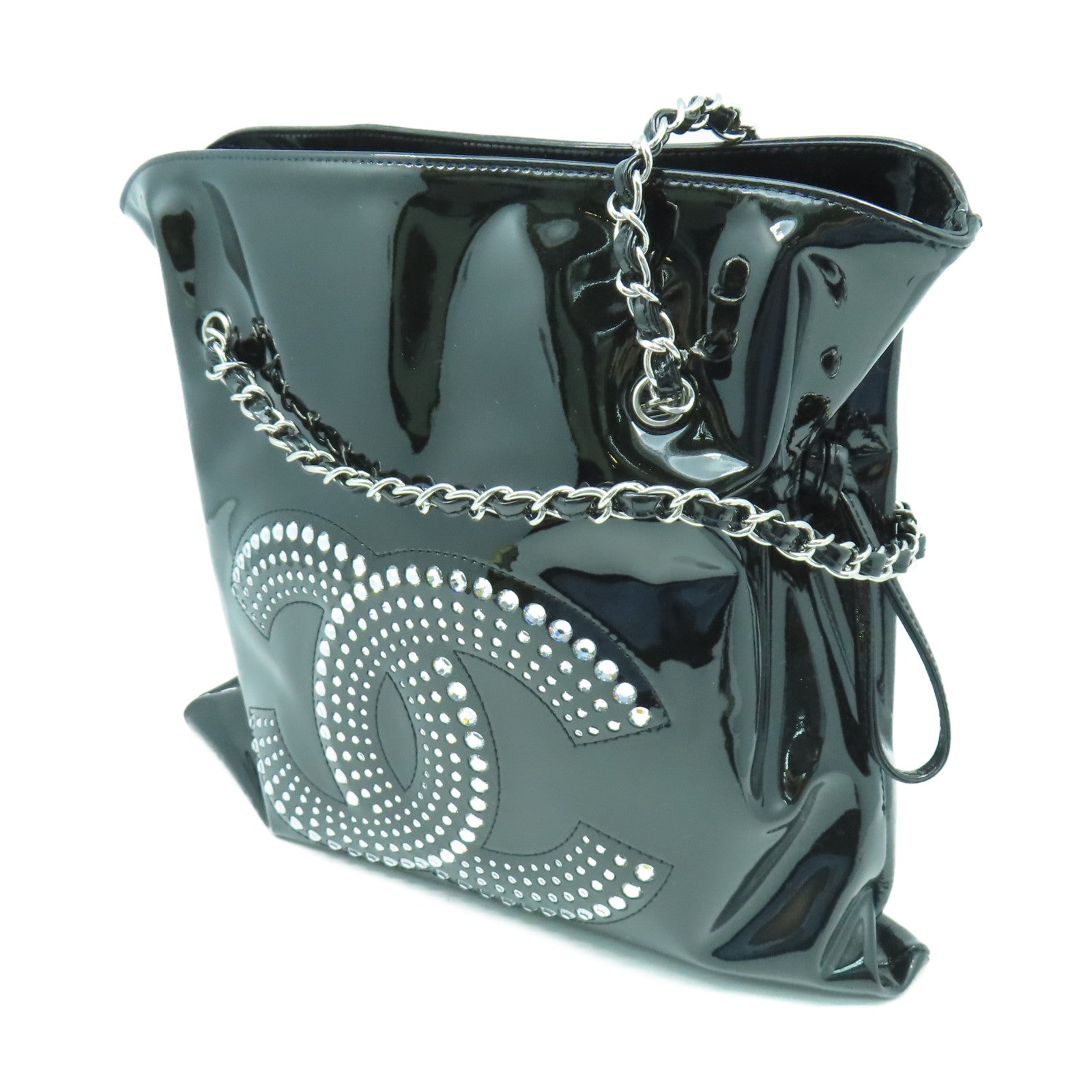 CHANEL 【激減優惠】漆皮皮革Chain Shoulder銀扣鏈帶肩背袋黑色/銀色