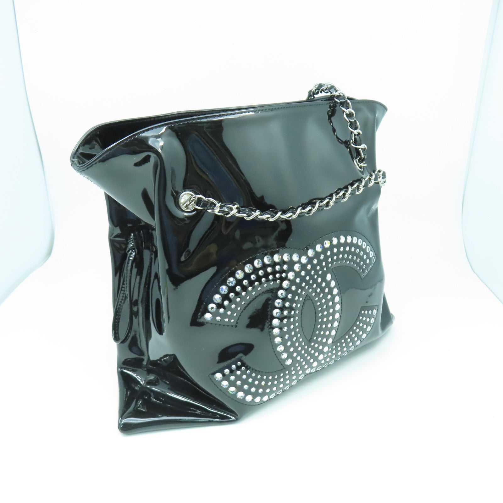 CHANEL 【激減優惠】漆皮皮革Chain Shoulder銀扣鏈帶肩背袋黑色/銀色