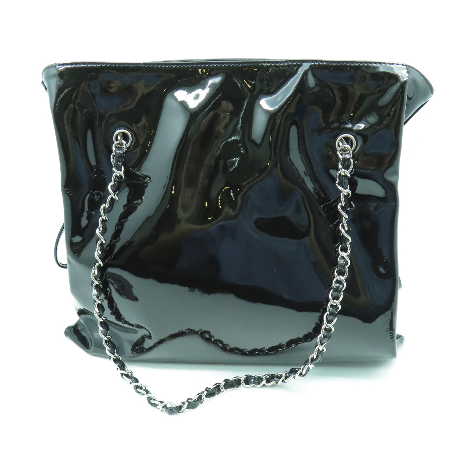 CHANEL 【激減優惠】漆皮皮革Chain Shoulder銀扣鏈帶肩背袋黑色/銀色