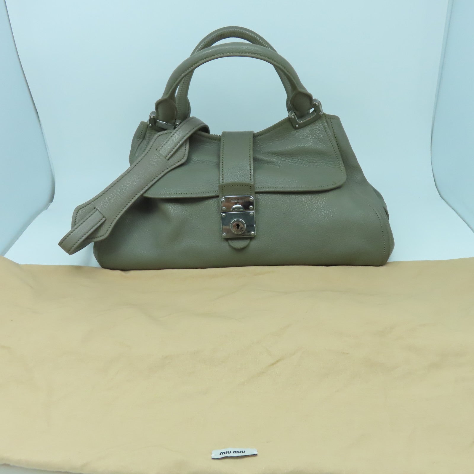 Miu Miu 【激減優惠】牛皮皮革2 Way Bag銀扣手挽肩背兩用袋灰色