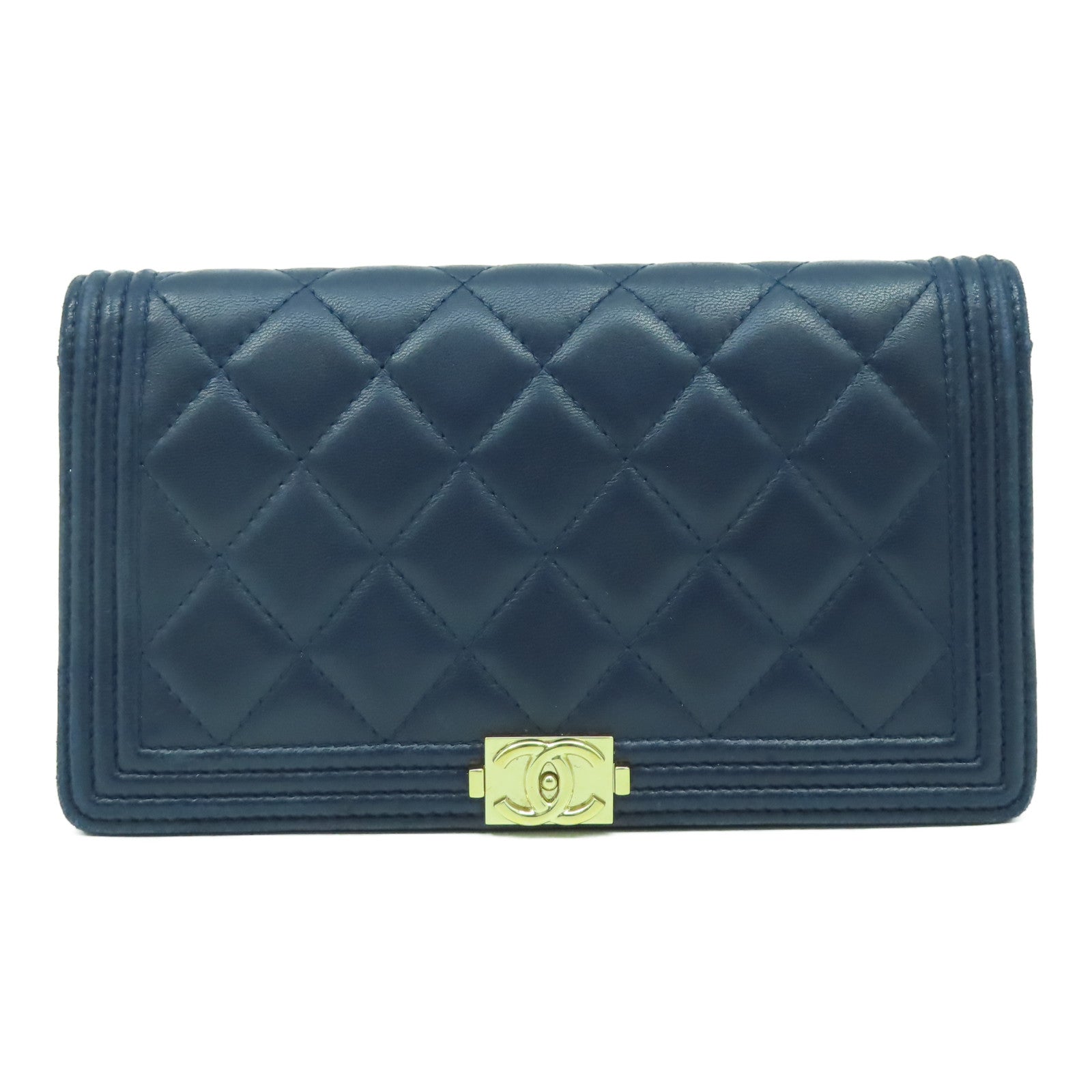 CHANEL 【激減優惠】菱格羊皮皮革Boy Long Wallet金扣長錢包深藍色