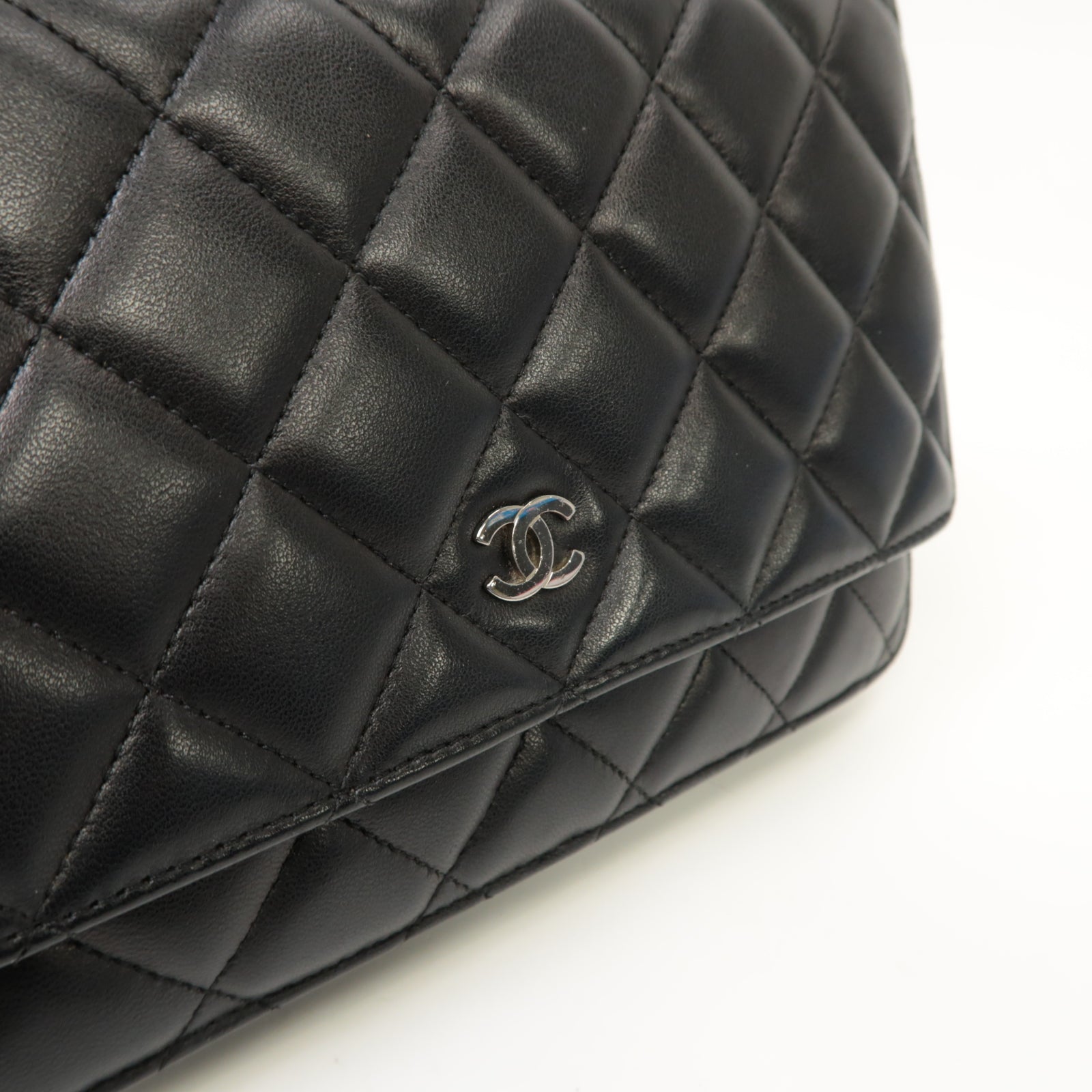CHANEL 菱格羊皮皮革WOC Chain Shoulder Bag銀扣鏈帶肩背袋黒色