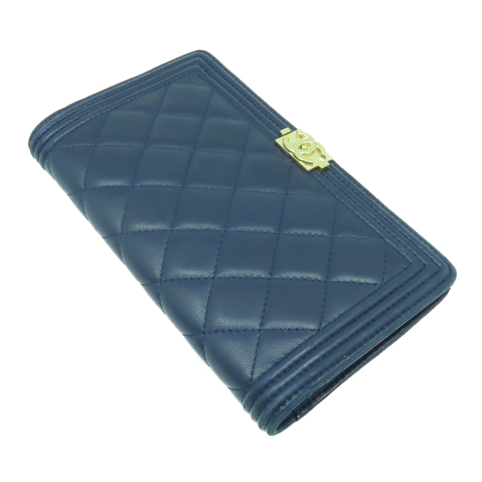 CHANEL 【激減優惠】菱格羊皮皮革Boy Long Wallet金扣長錢包深藍色