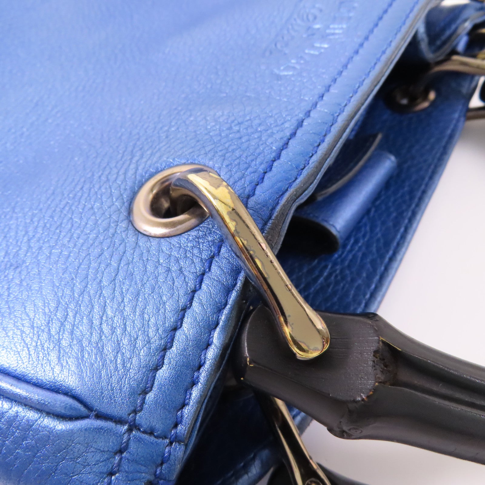 GUCCI GG Bamboo Handbag 336032 Calfskin Leather Blue