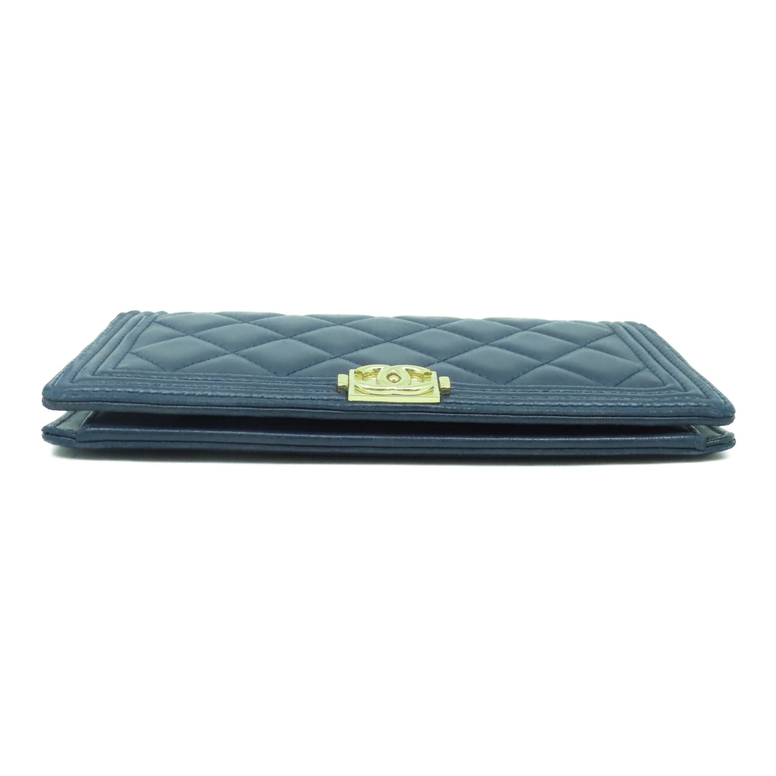 CHANEL 【激減優惠】菱格羊皮皮革Boy Long Wallet金扣長錢包深藍色