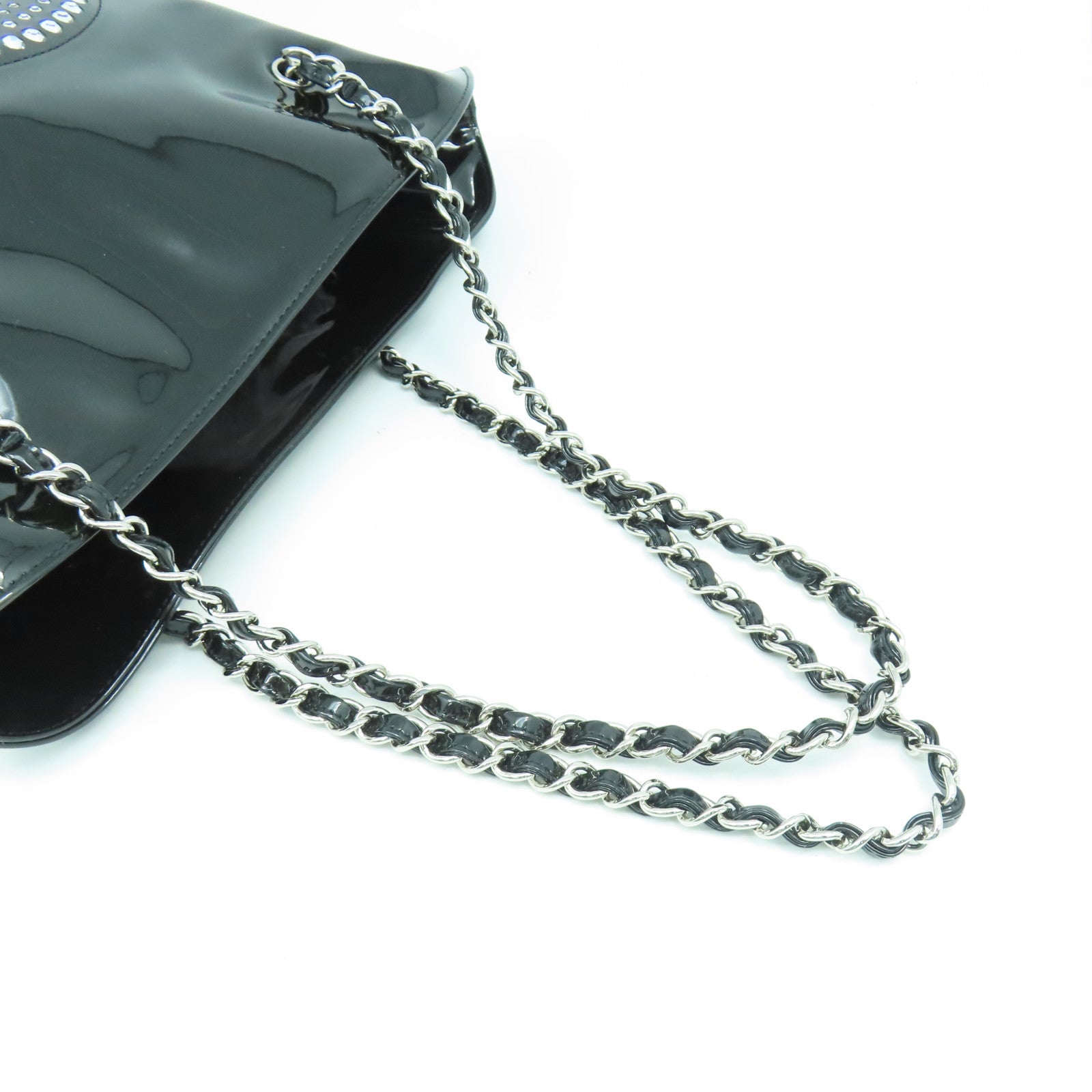 CHANEL 【激減優惠】漆皮皮革Chain Shoulder銀扣鏈帶肩背袋黑色/銀色