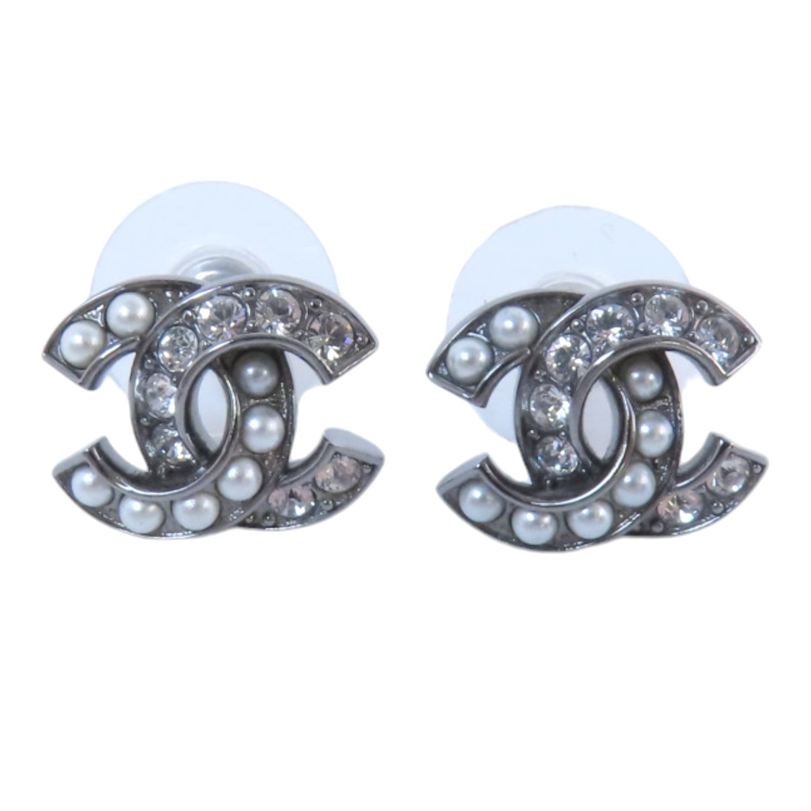 CHANEL 金屬/水鑽/仿珍珠CC Earrings銀扣耳環