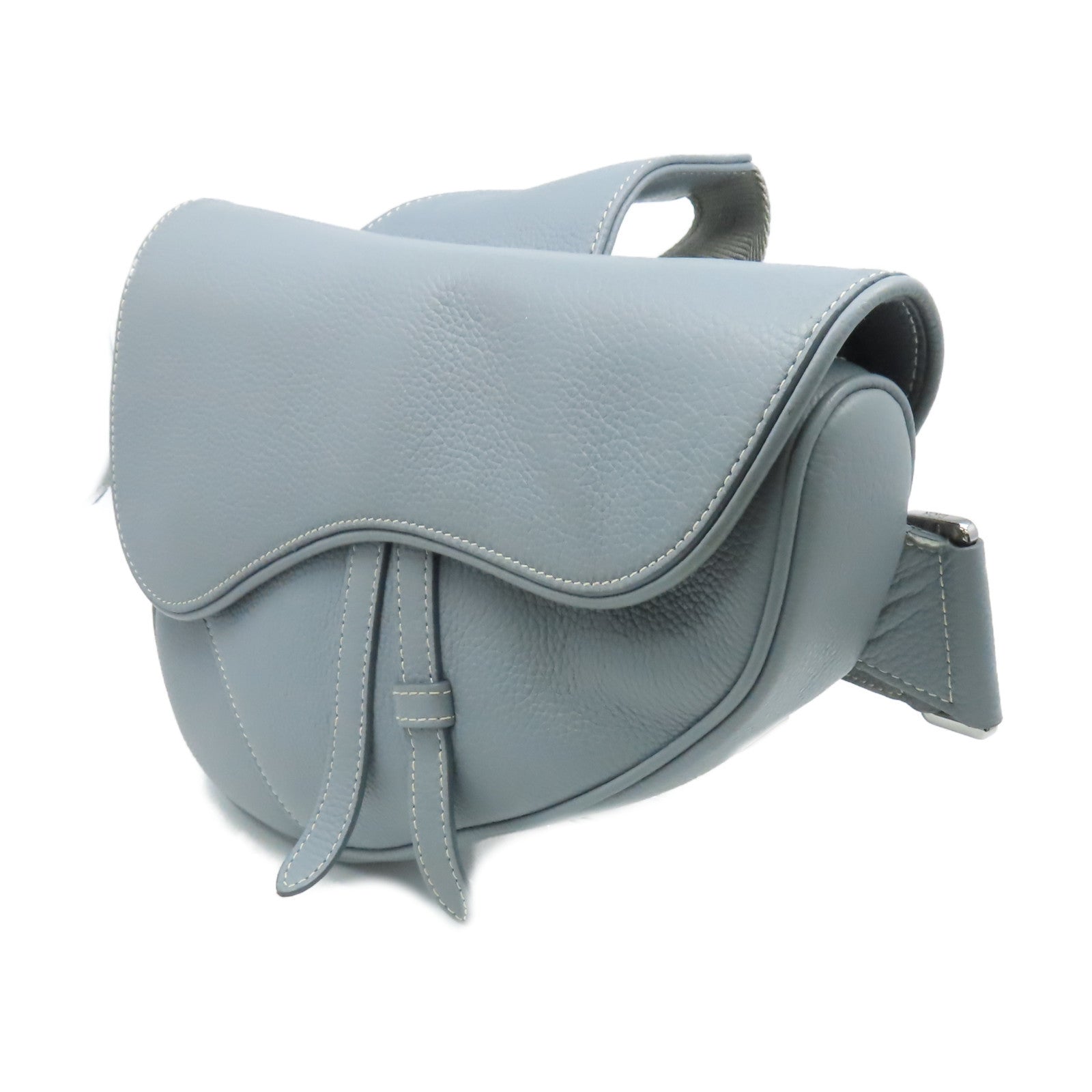 Dior 【清倉大減價】牛皮皮革Saddle Bag銀扣斜孭袋灰藍色