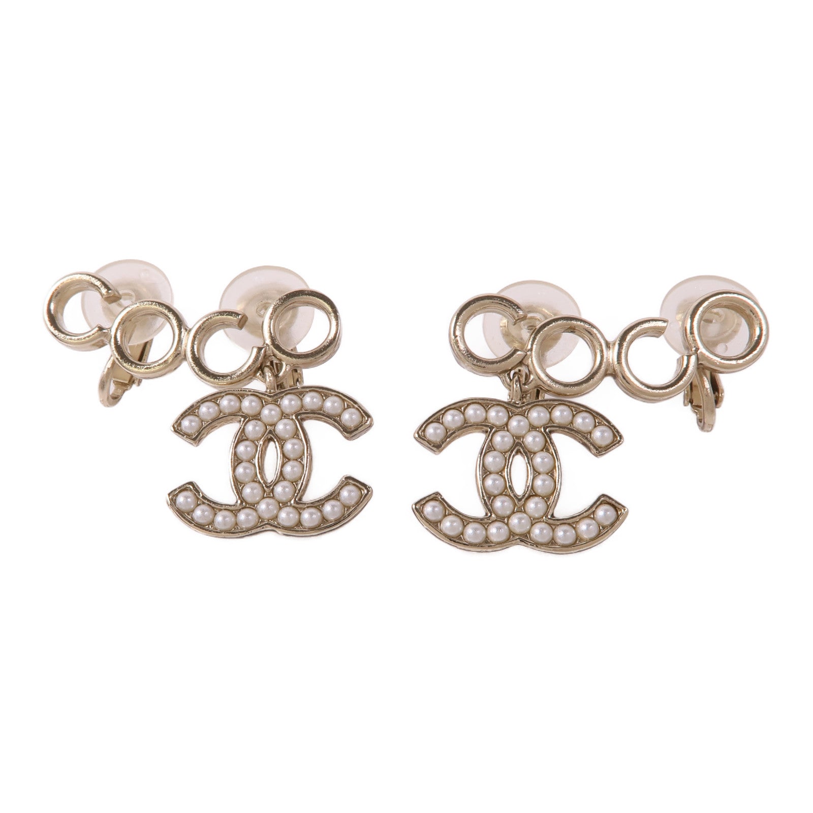 CHANEL CC Earrings Metal Gold White