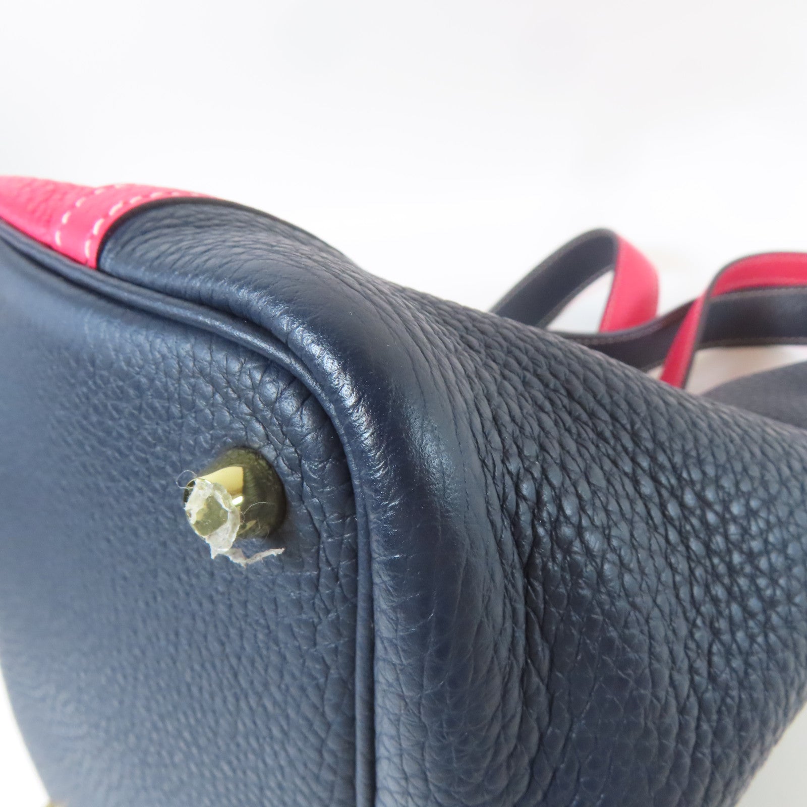 HERMES 【激減優惠】Clemence皮革Picotin PM金扣手挽袋深藍色/粉紅色