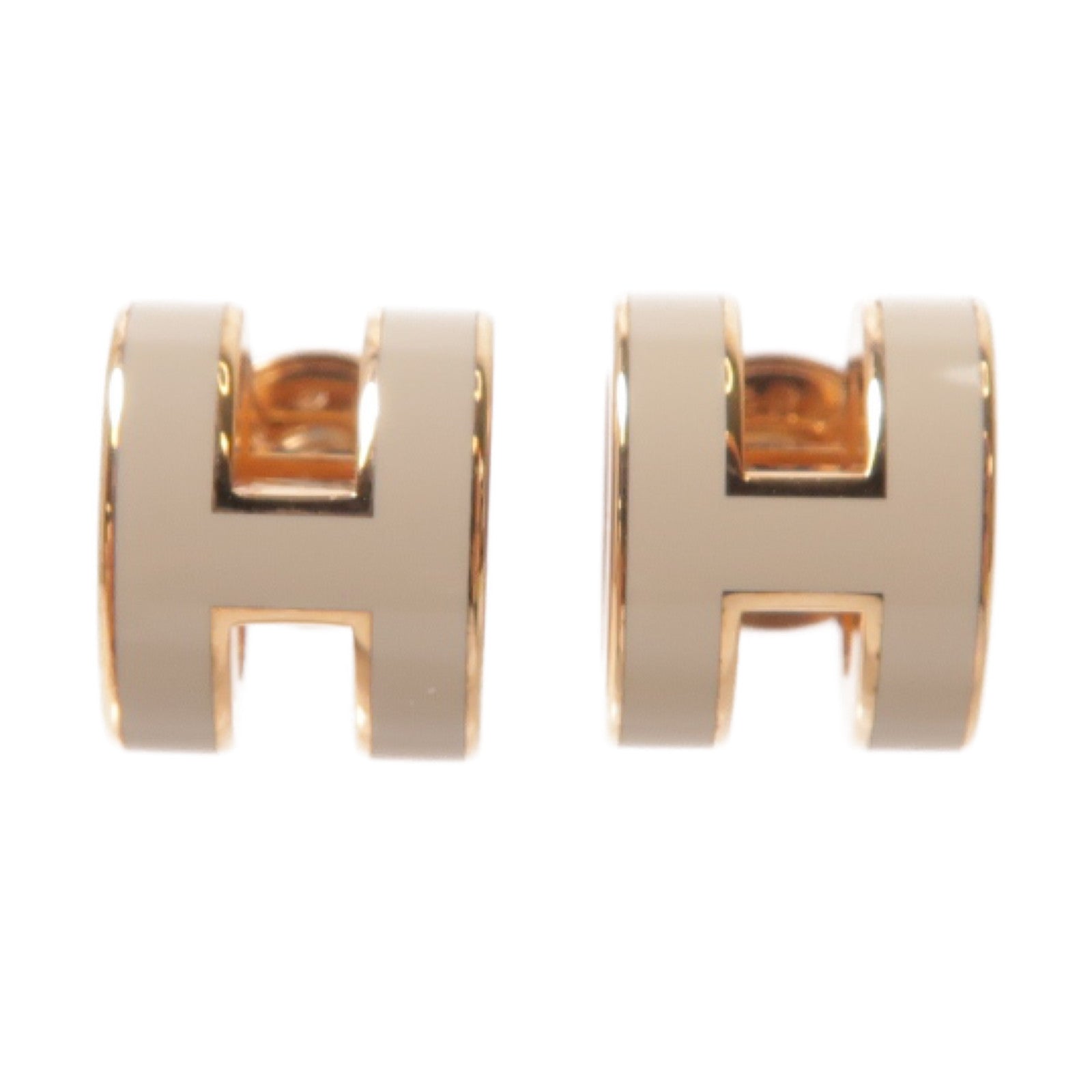 HERMES 金屬Mini Pop H Earrings耳環Marron Glace米色/金色
