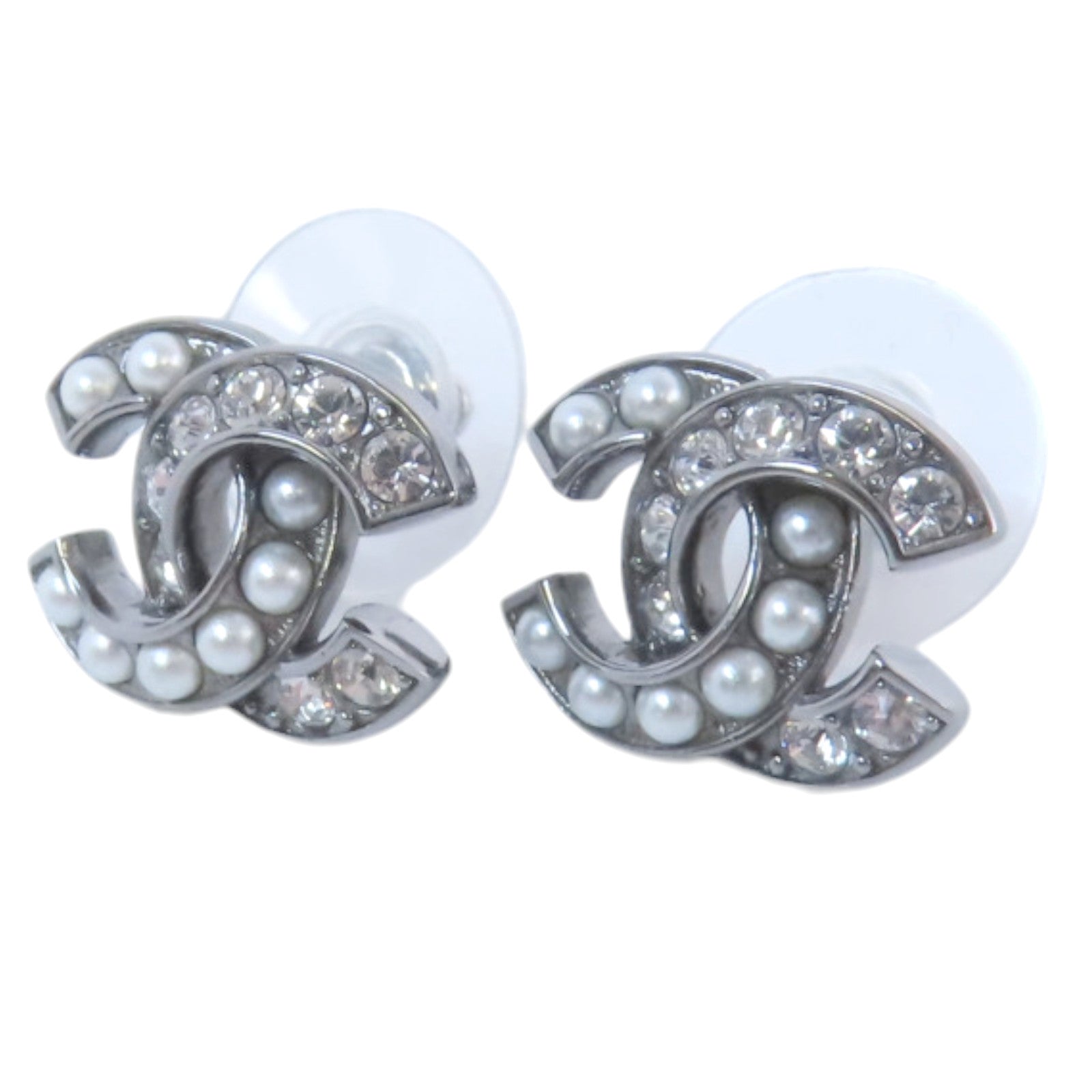 CHANEL 金屬/水鑽/仿珍珠CC Earrings銀扣耳環