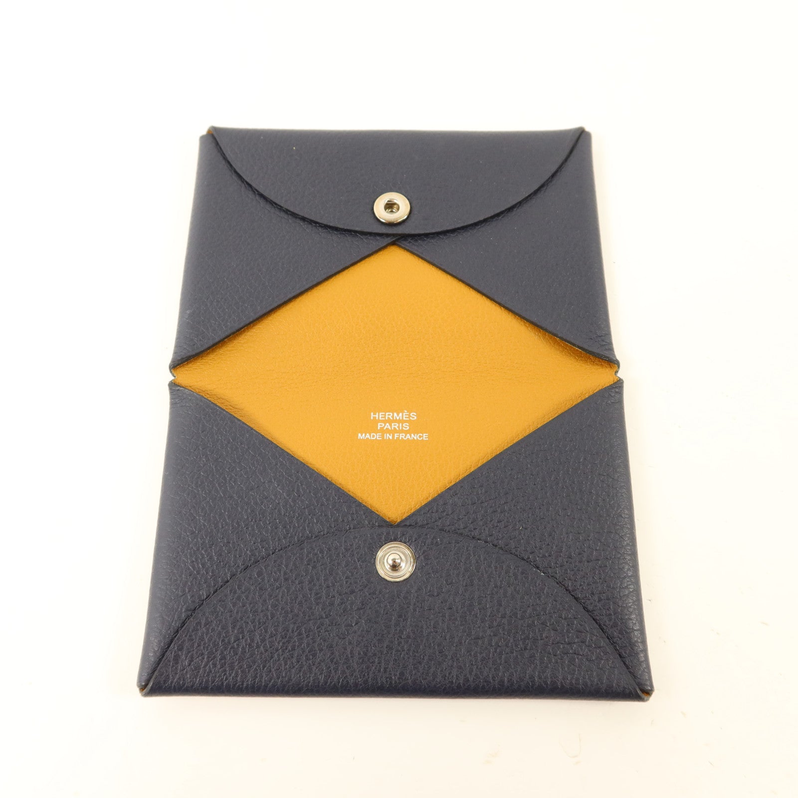 HERMES Evercolor皮革Calvi Card Case銀扣卡片套Bleu Nuit