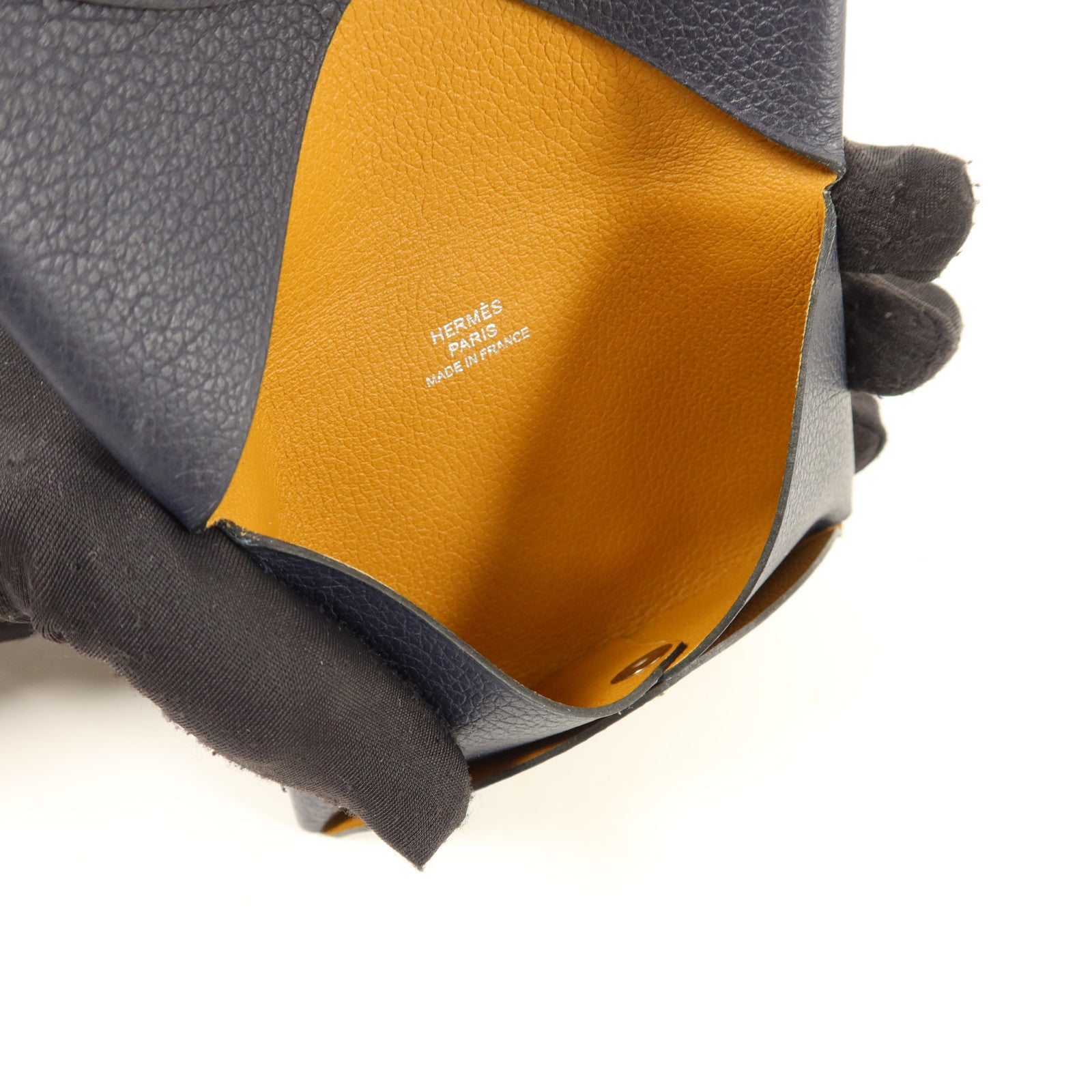 HERMES Evercolor皮革Calvi Card Case銀扣卡片套Bleu Nuit