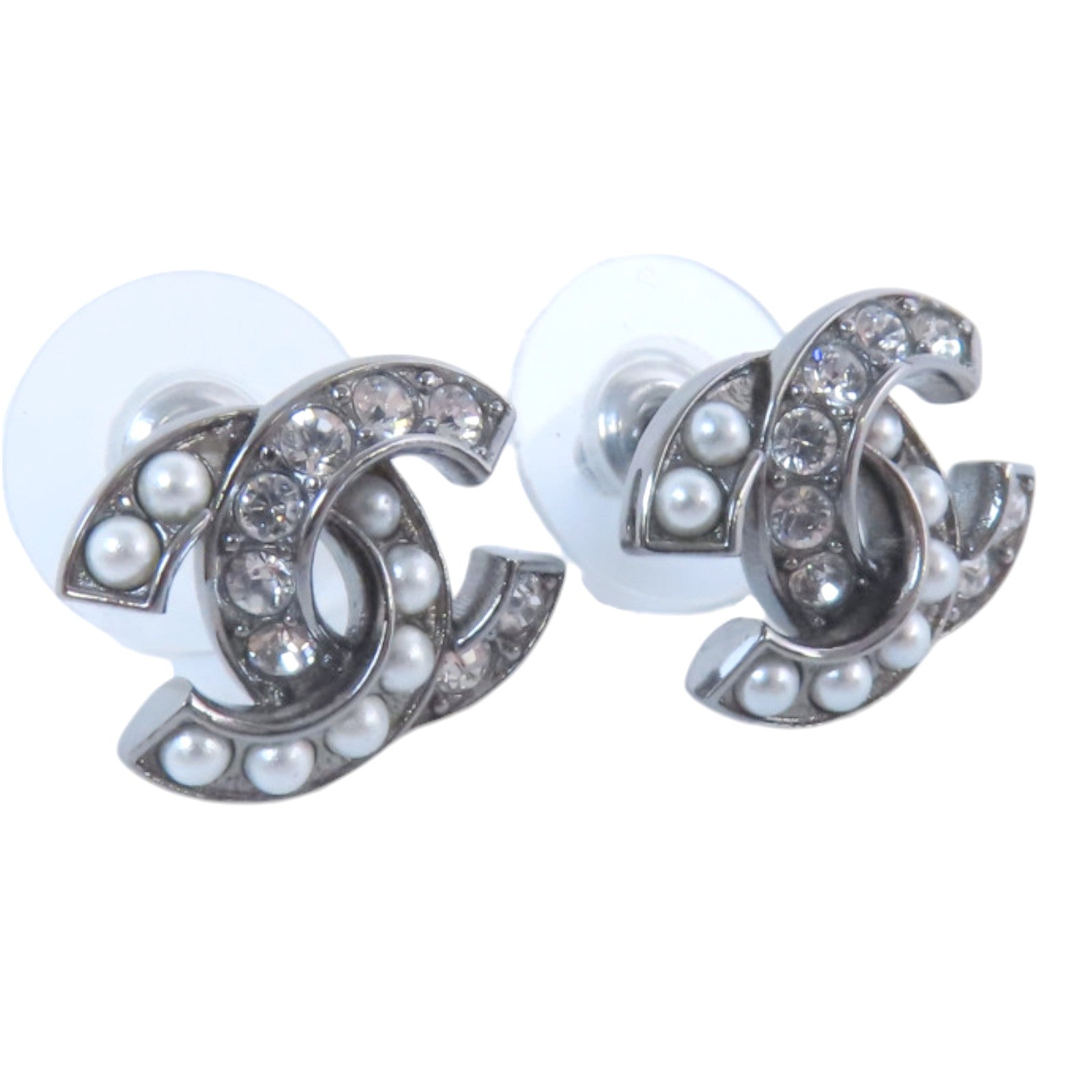 CHANEL 金屬/水鑽/仿珍珠CC Earrings銀扣耳環