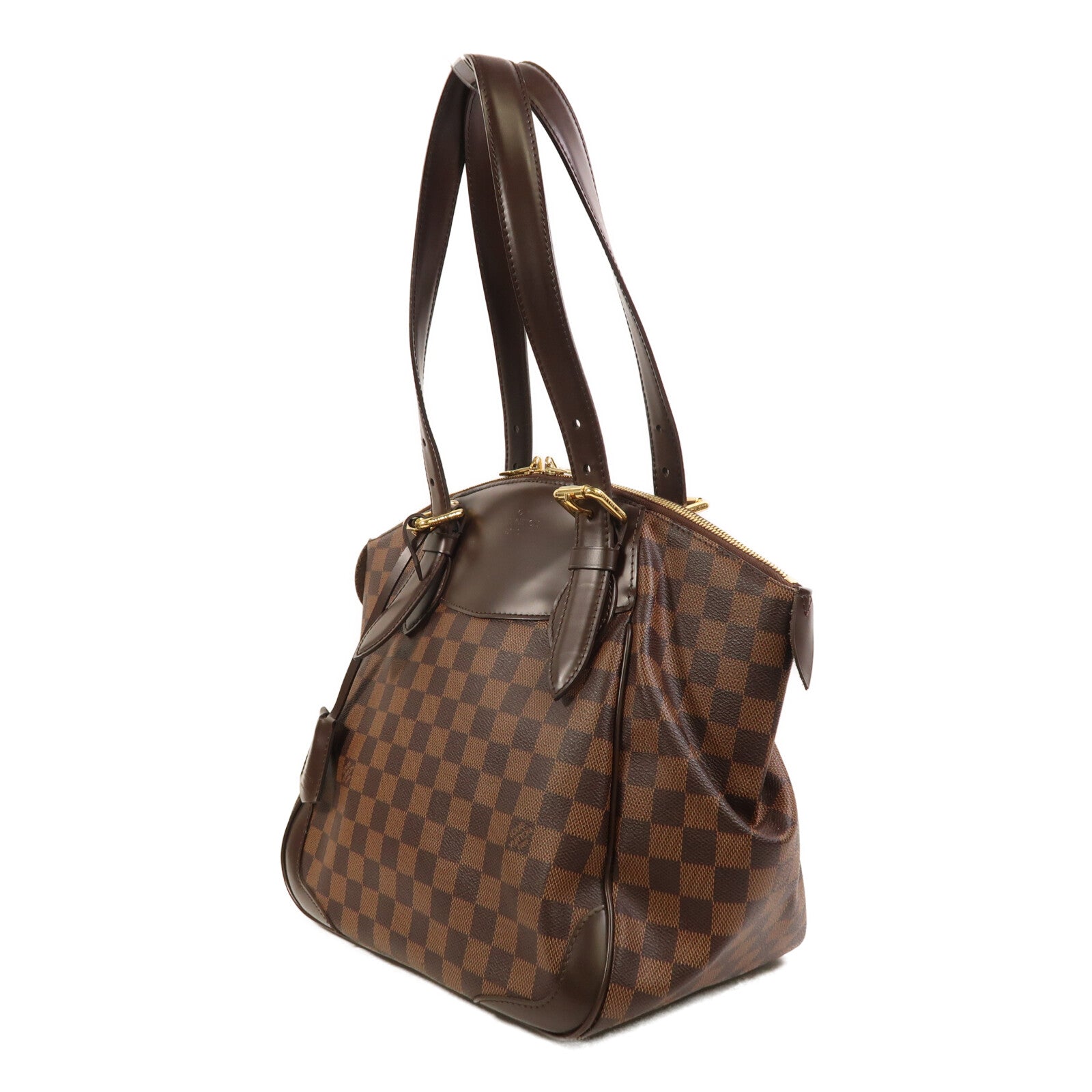 LOUIS VUITTON Damier Verona MM金扣肩背袋棕色