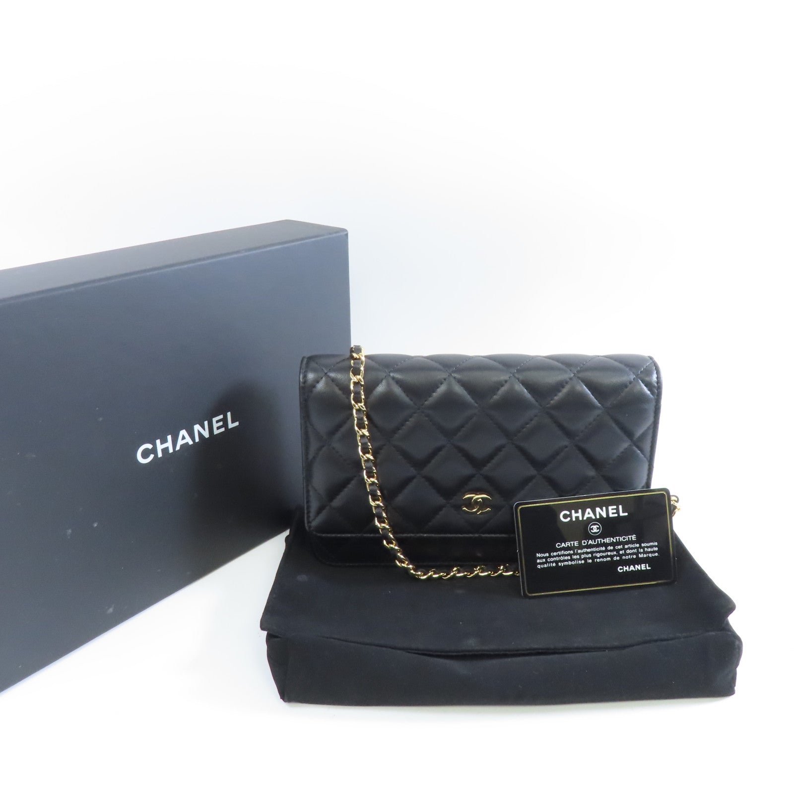 CHANEL 菱格羊皮皮革WOC Wallet On Chain Shoulder Bag金扣鏈帶肩背袋黑色