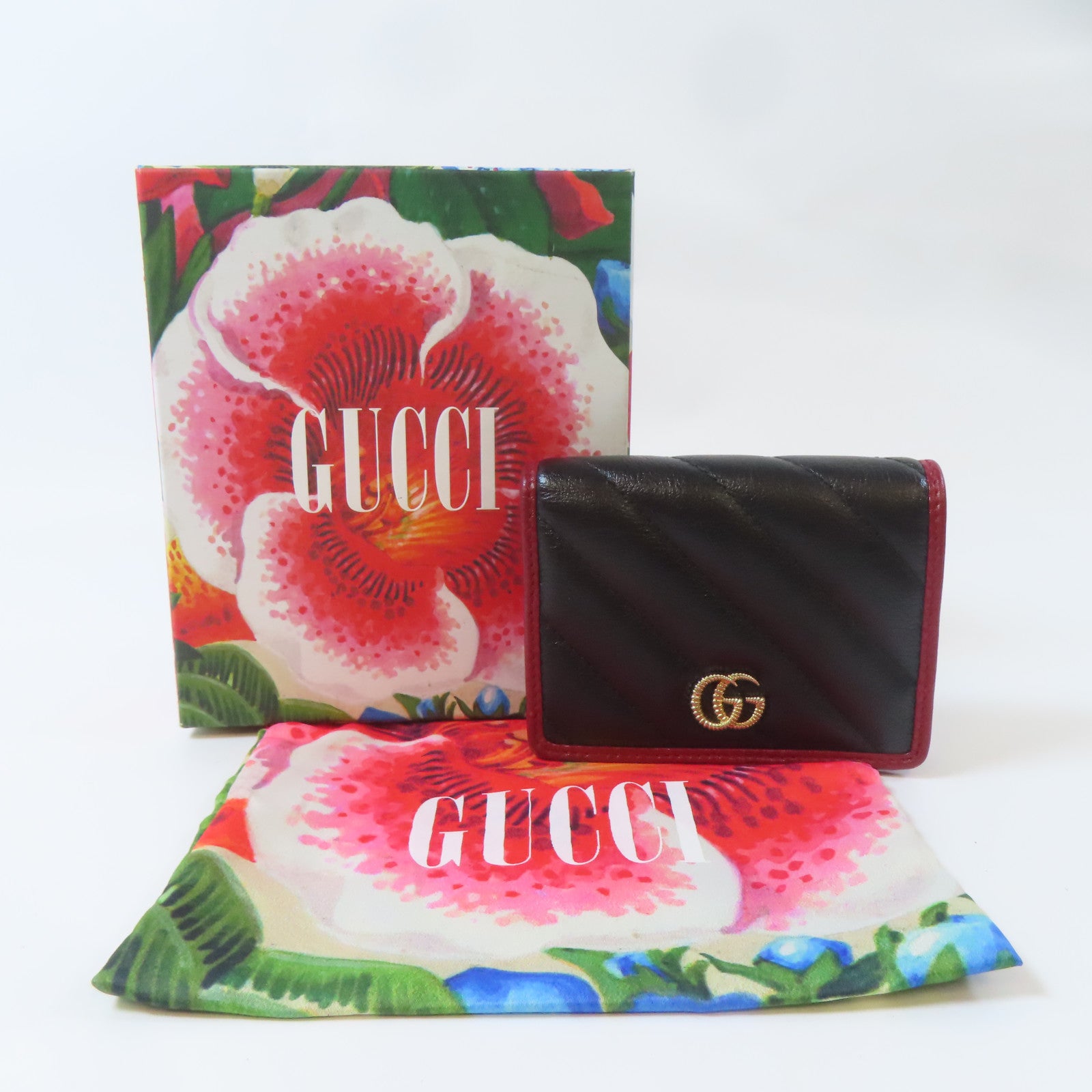 GUCCI 斜紋牛皮皮革Wallet金扣錢包黑色/紅色
