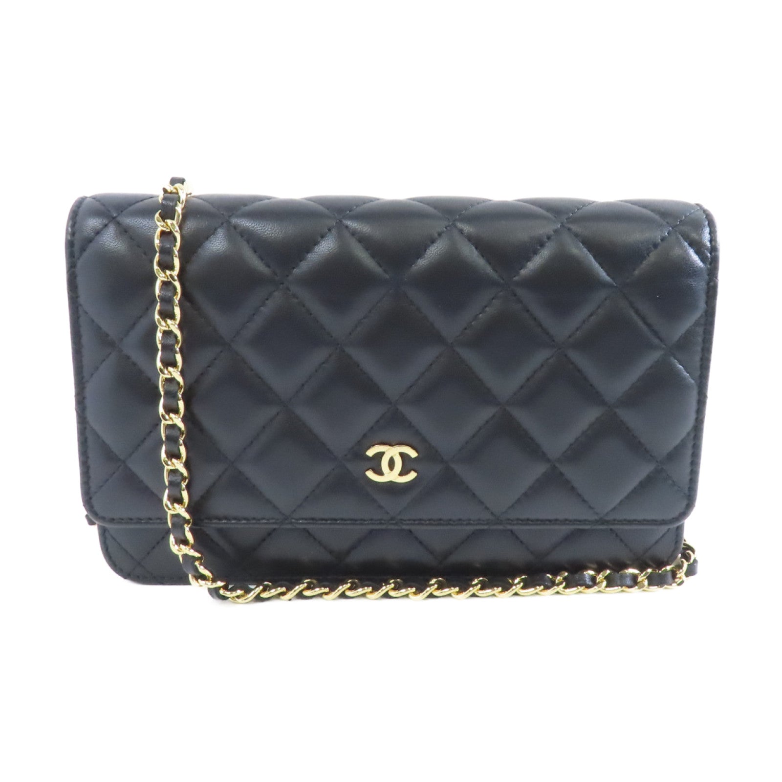 CHANEL 菱格羊皮皮革WOC Wallet On Chain Shoulder Bag金扣鏈帶肩背袋黑色