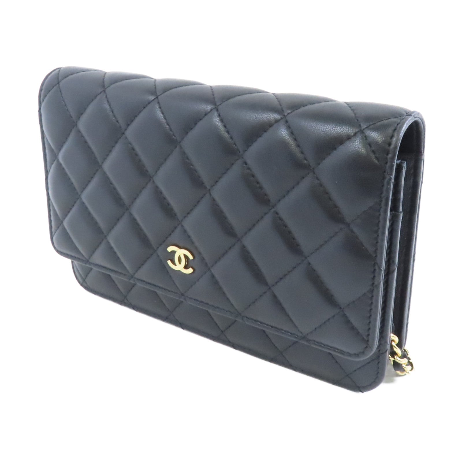 CHANEL 菱格羊皮皮革WOC Wallet On Chain Shoulder Bag金扣鏈帶肩背袋黑色