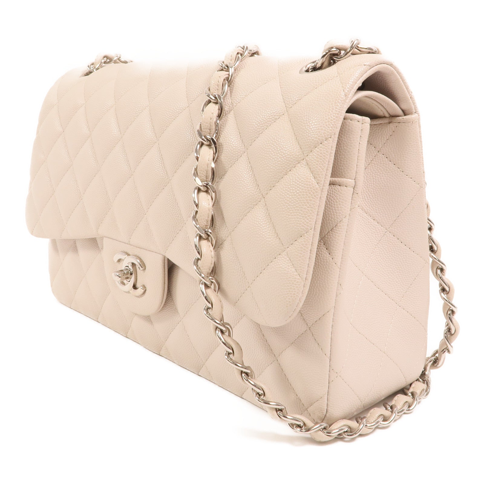 CHANEL 牛皮皮革Large Classic銀扣鏈帶肩背袋