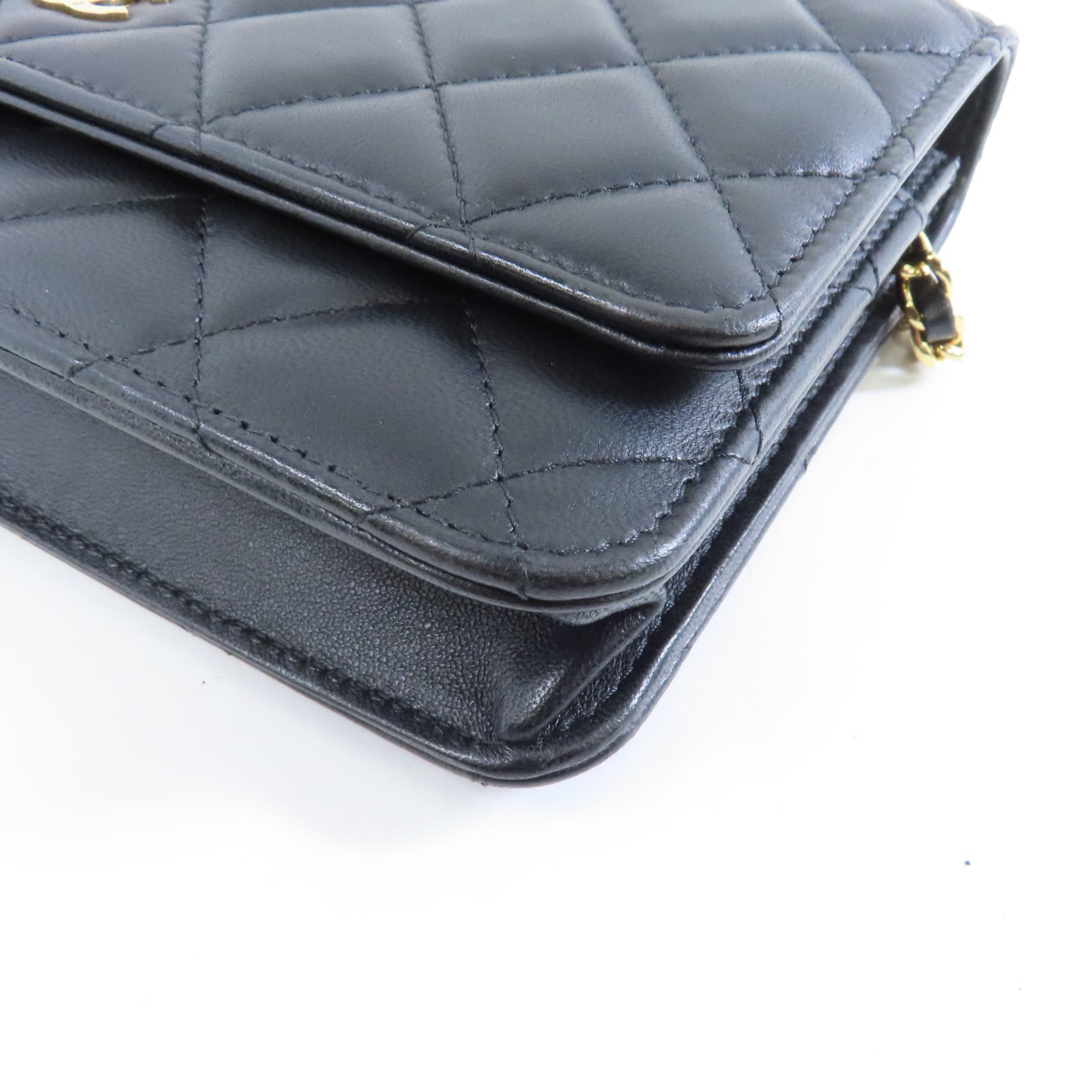CHANEL 菱格羊皮皮革WOC Wallet On Chain Shoulder Bag金扣鏈帶肩背袋黑色