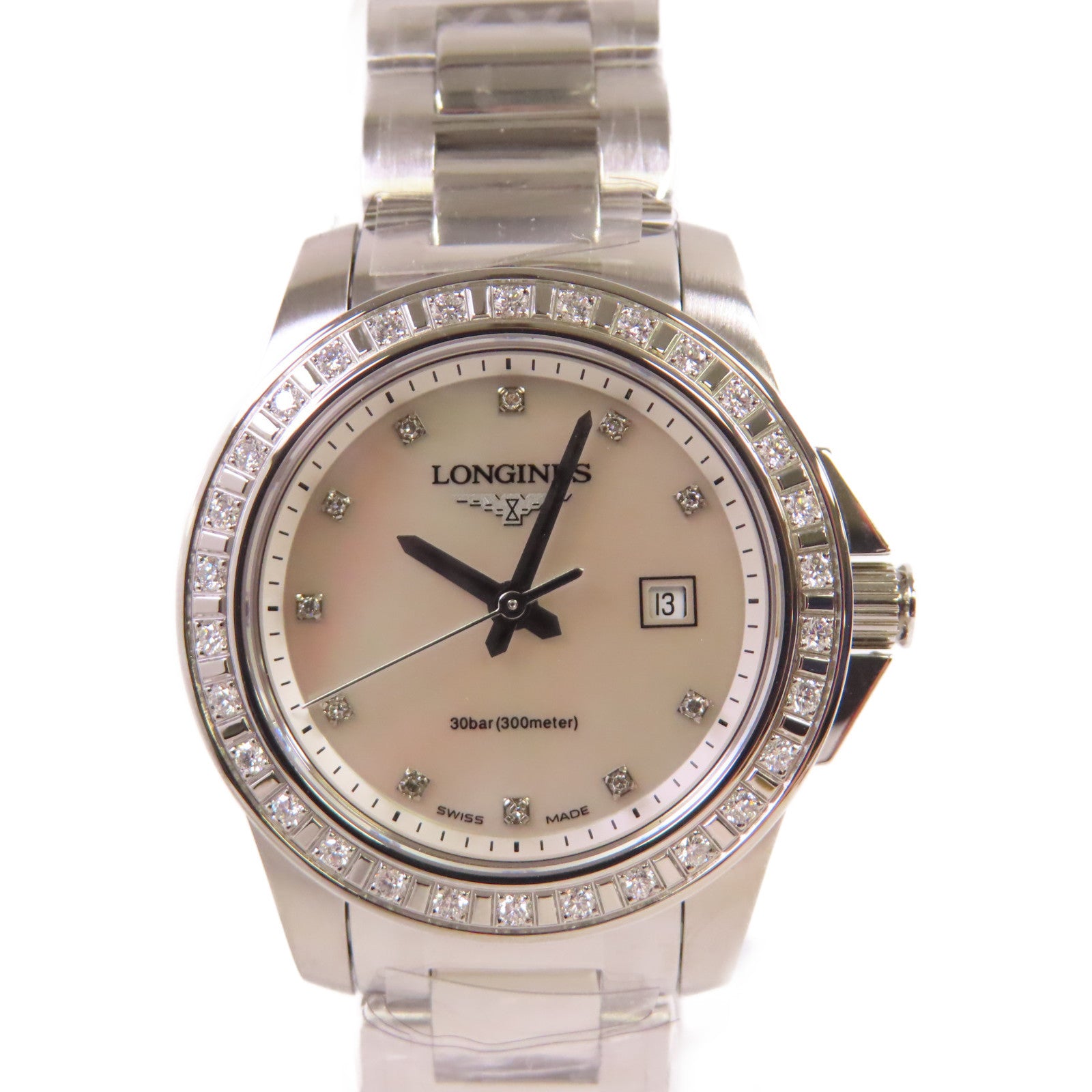 LONGINES Conquest White Pearl & Diamonds Watch不鏽鋼/鑽石石英機芯手錶貝殼色