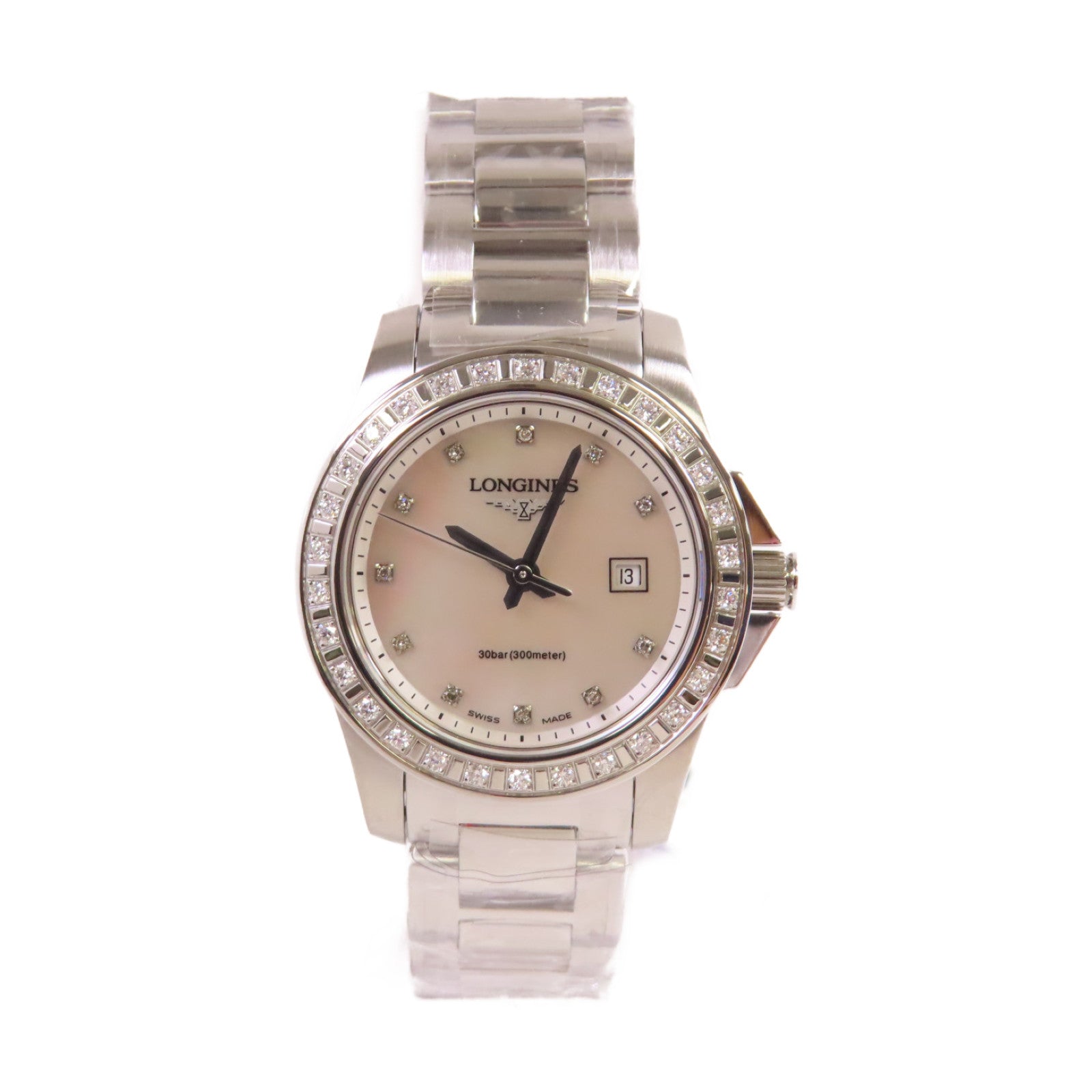 LONGINES Conquest White Pearl & Diamonds Watch不鏽鋼/鑽石石英機芯手錶貝殼色