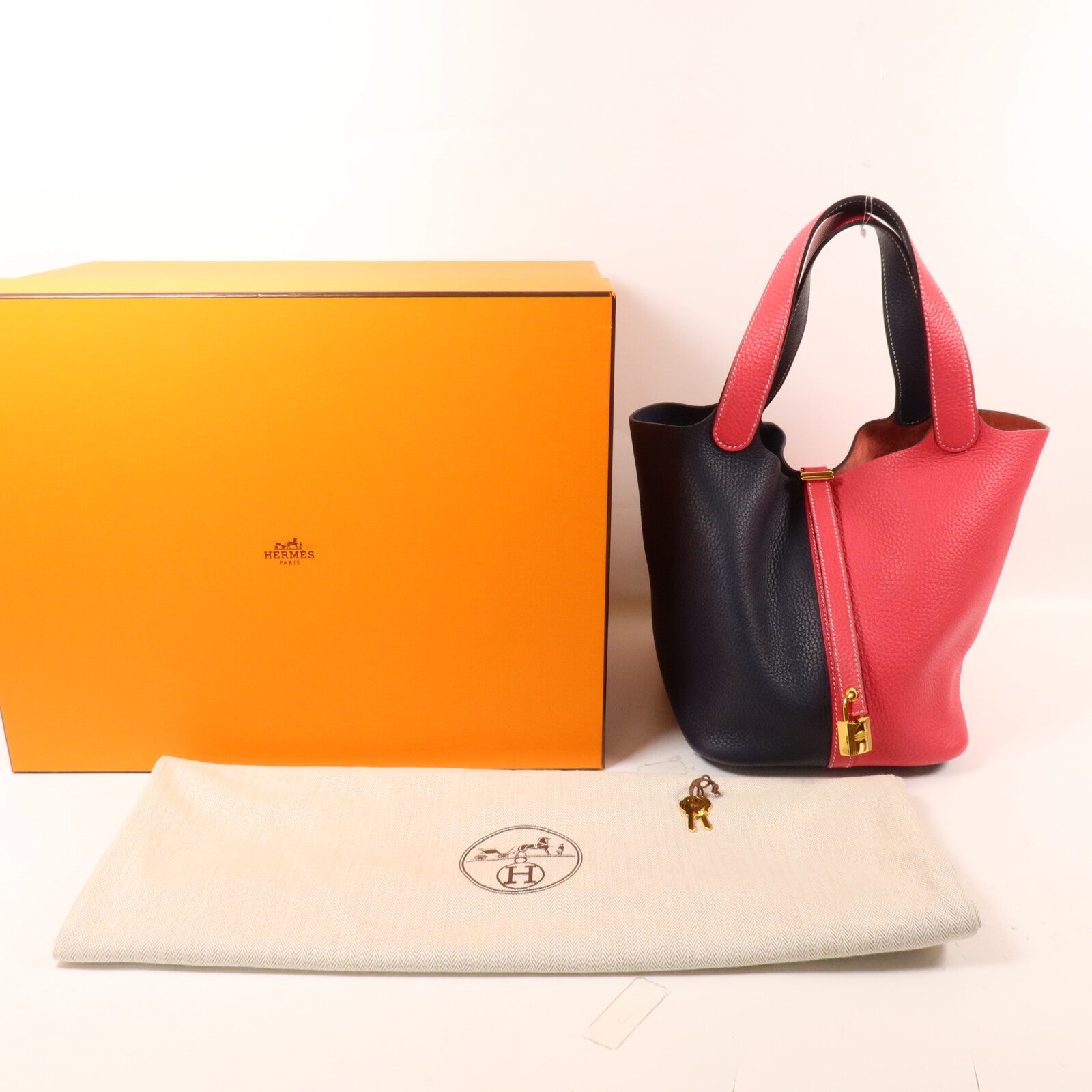 HERMES Clemence皮革Picotin MM手挽袋Rose Extreme/Bleu Nuit