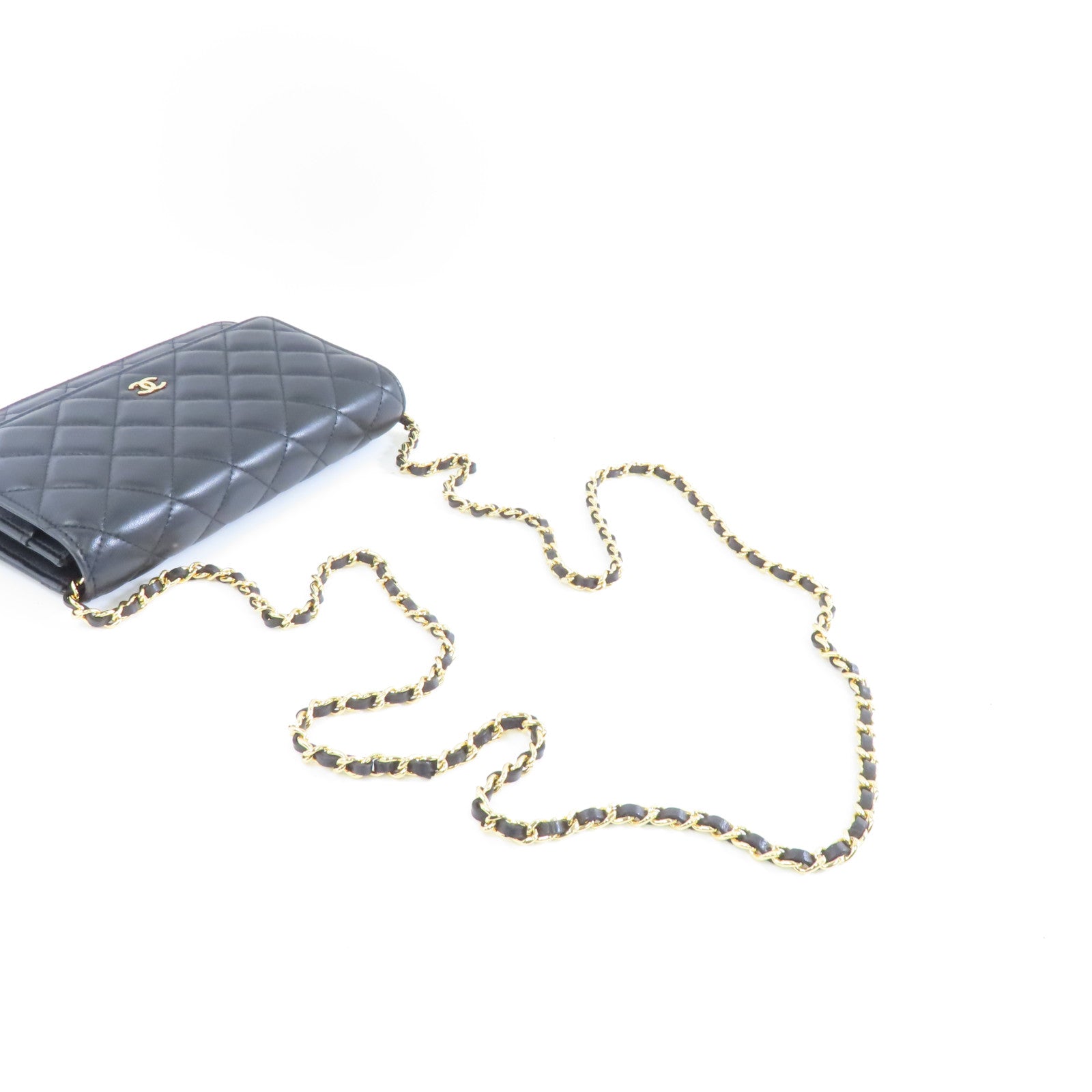 CHANEL 菱格羊皮皮革WOC Wallet On Chain Shoulder Bag金扣鏈帶肩背袋黑色