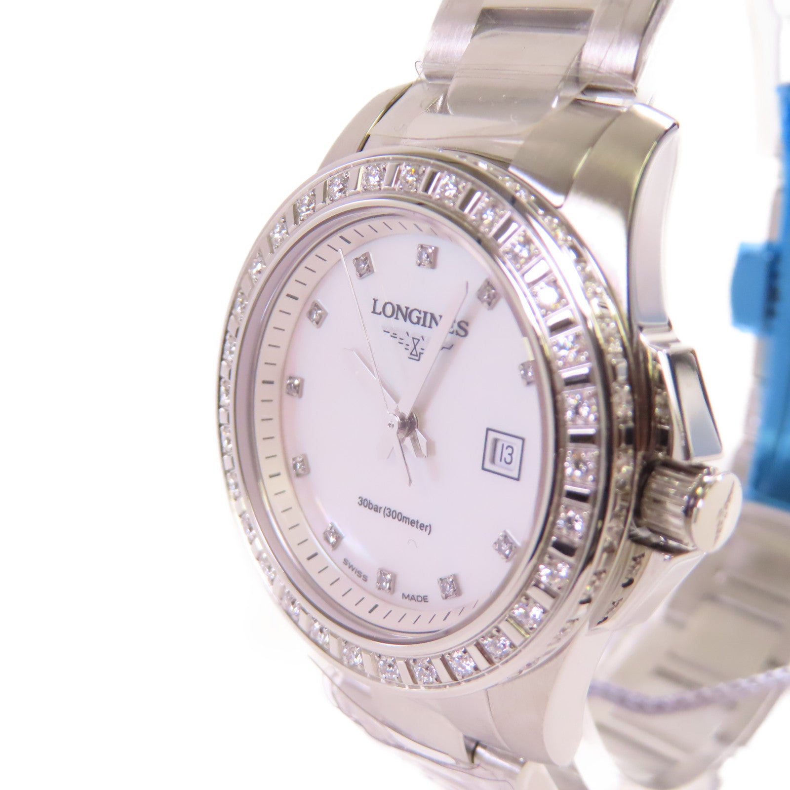 LONGINES Conquest White Pearl & Diamonds Watch不鏽鋼/鑽石石英機芯手錶貝殼色