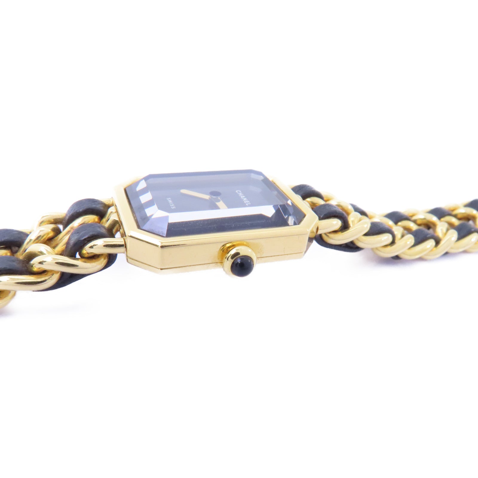 CHANEL Premiere L鍍金/皮革帶手錶石英機芯黑色