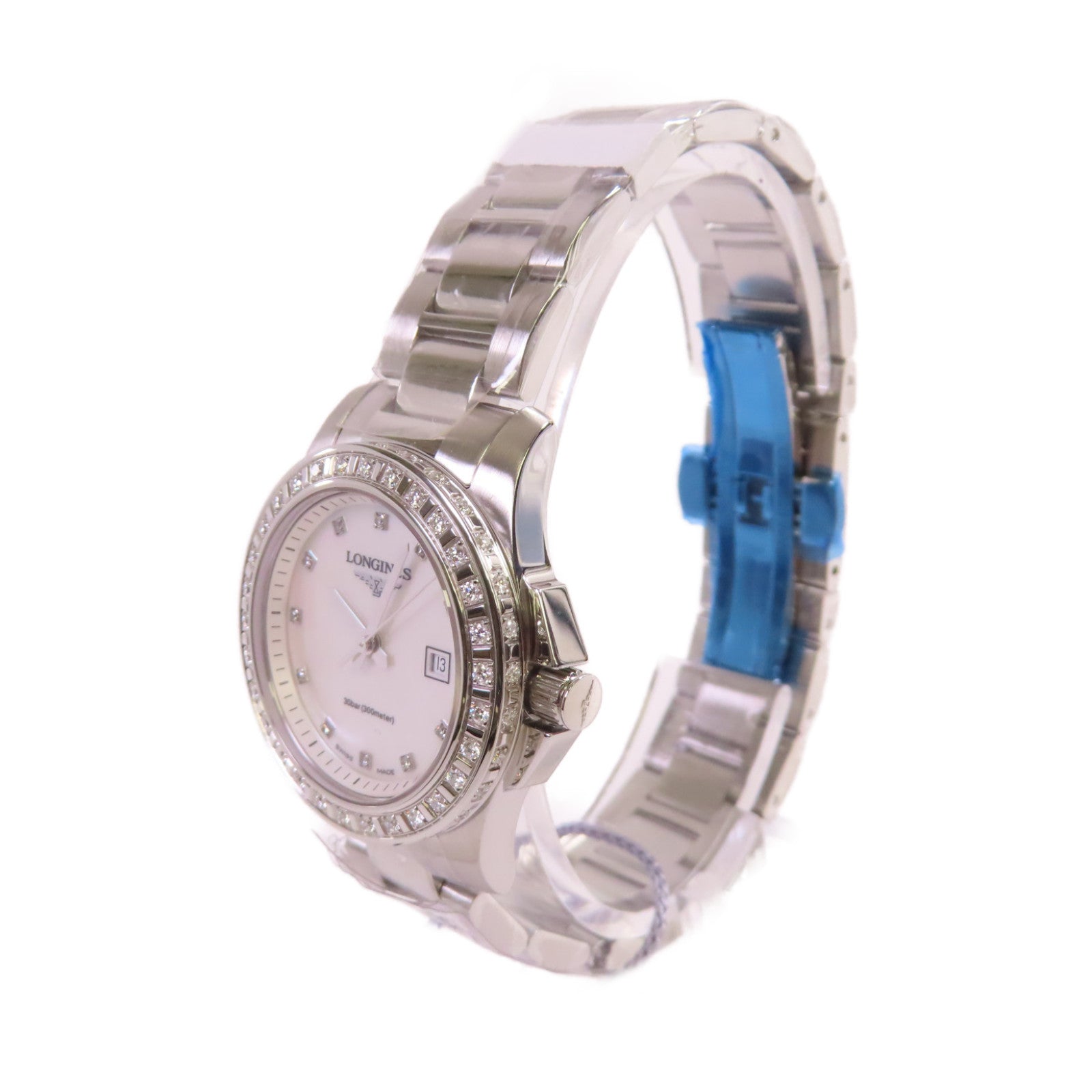 LONGINES Conquest White Pearl & Diamonds Watch不鏽鋼/鑽石石英機芯手錶貝殼色