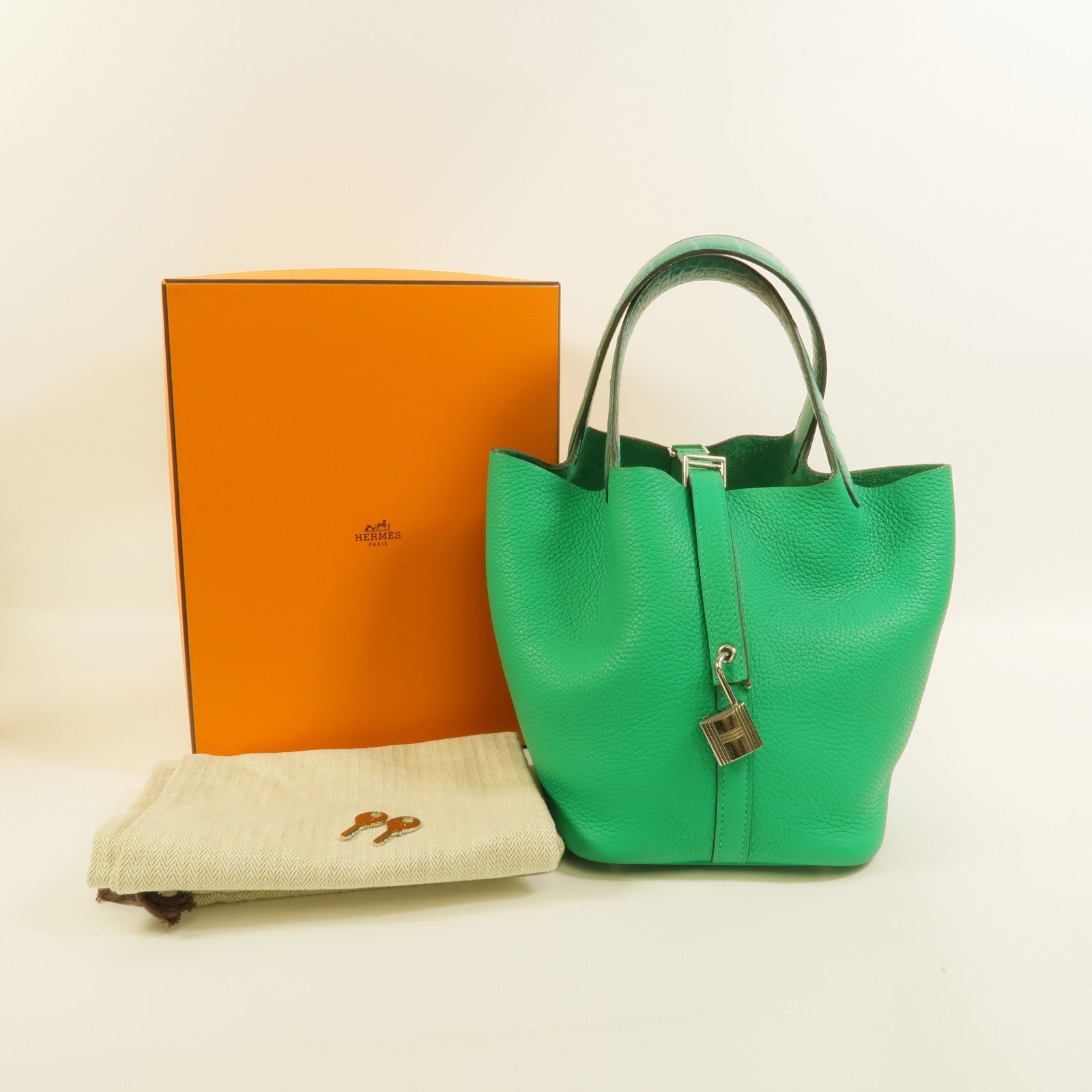 HERMES Clemence/鱷魚皮革Picotin PM Touch手挽袋Menthe/Vert Jade