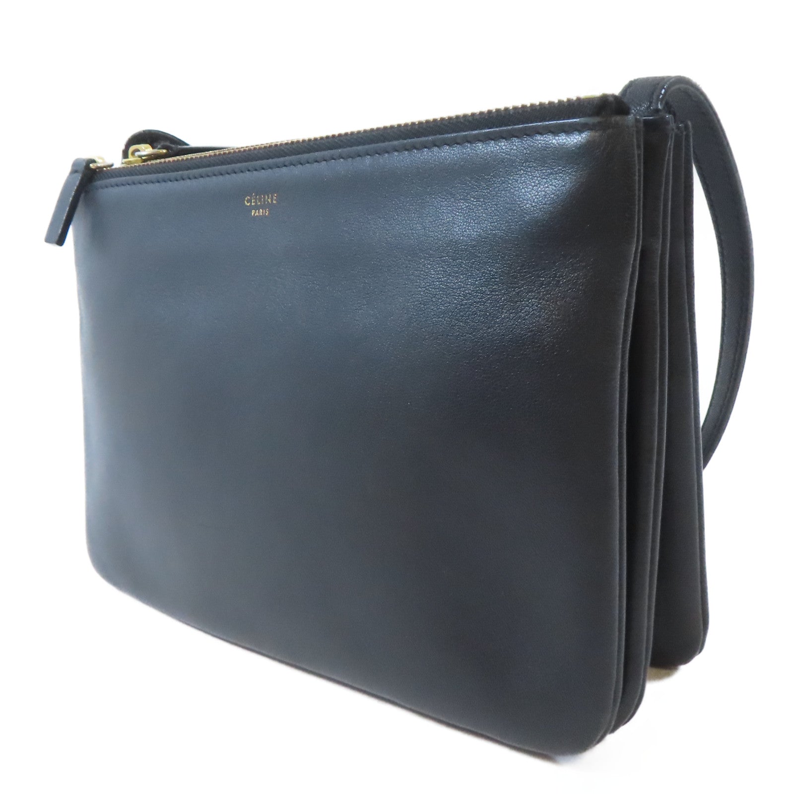 CELINE 羊皮皮革Trio金扣肩背袋黑色