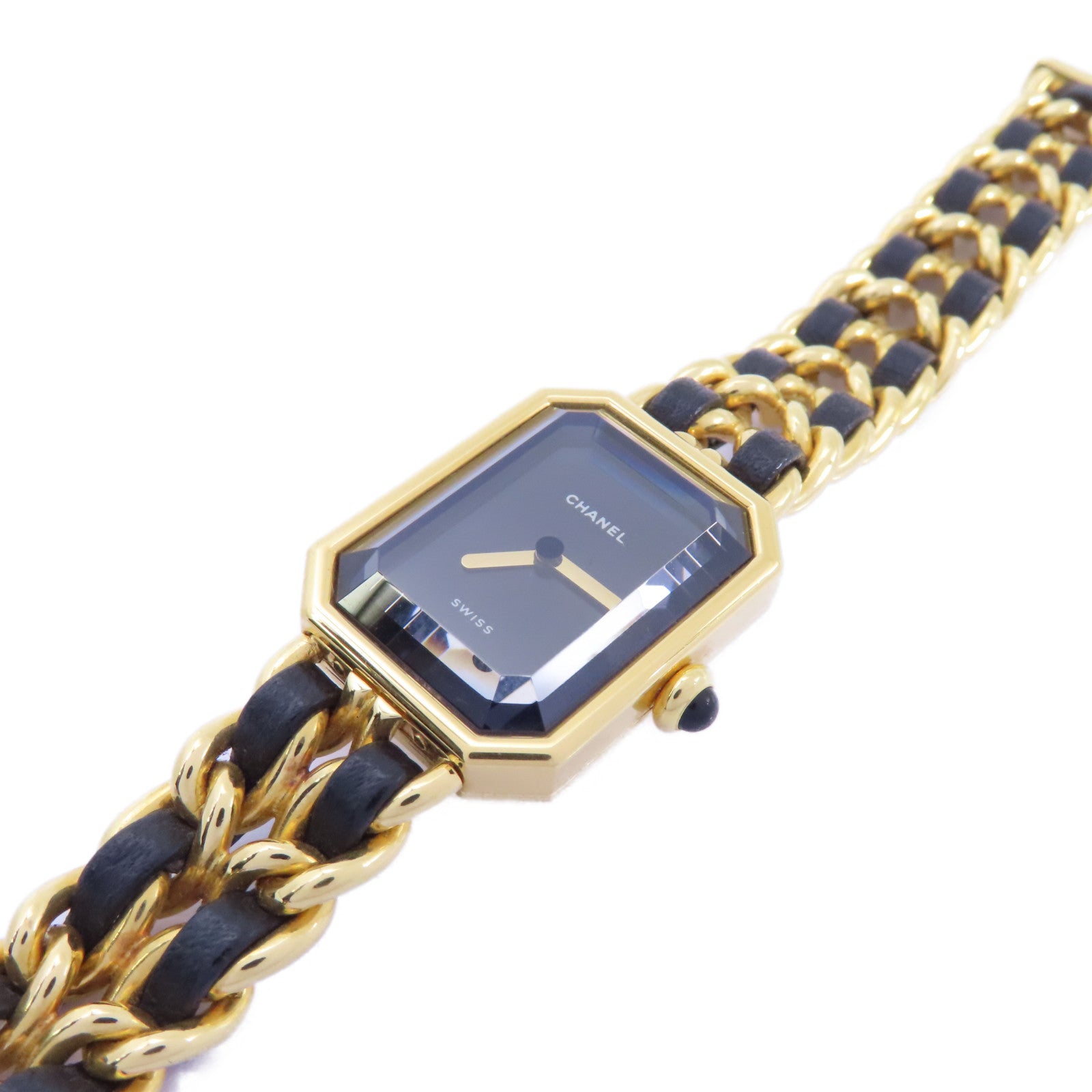 CHANEL Premiere L鍍金/皮革帶手錶石英機芯黑色