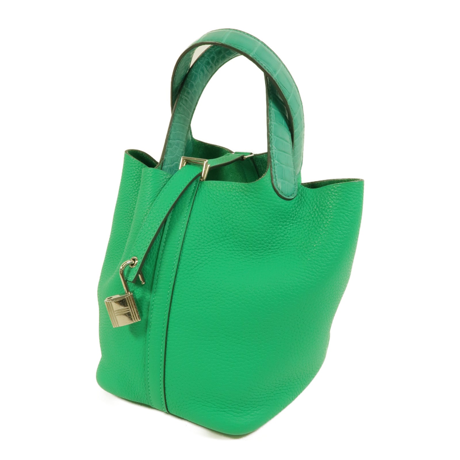HERMES Clemence/鱷魚皮革Picotin PM Touch手挽袋Menthe/Vert Jade
